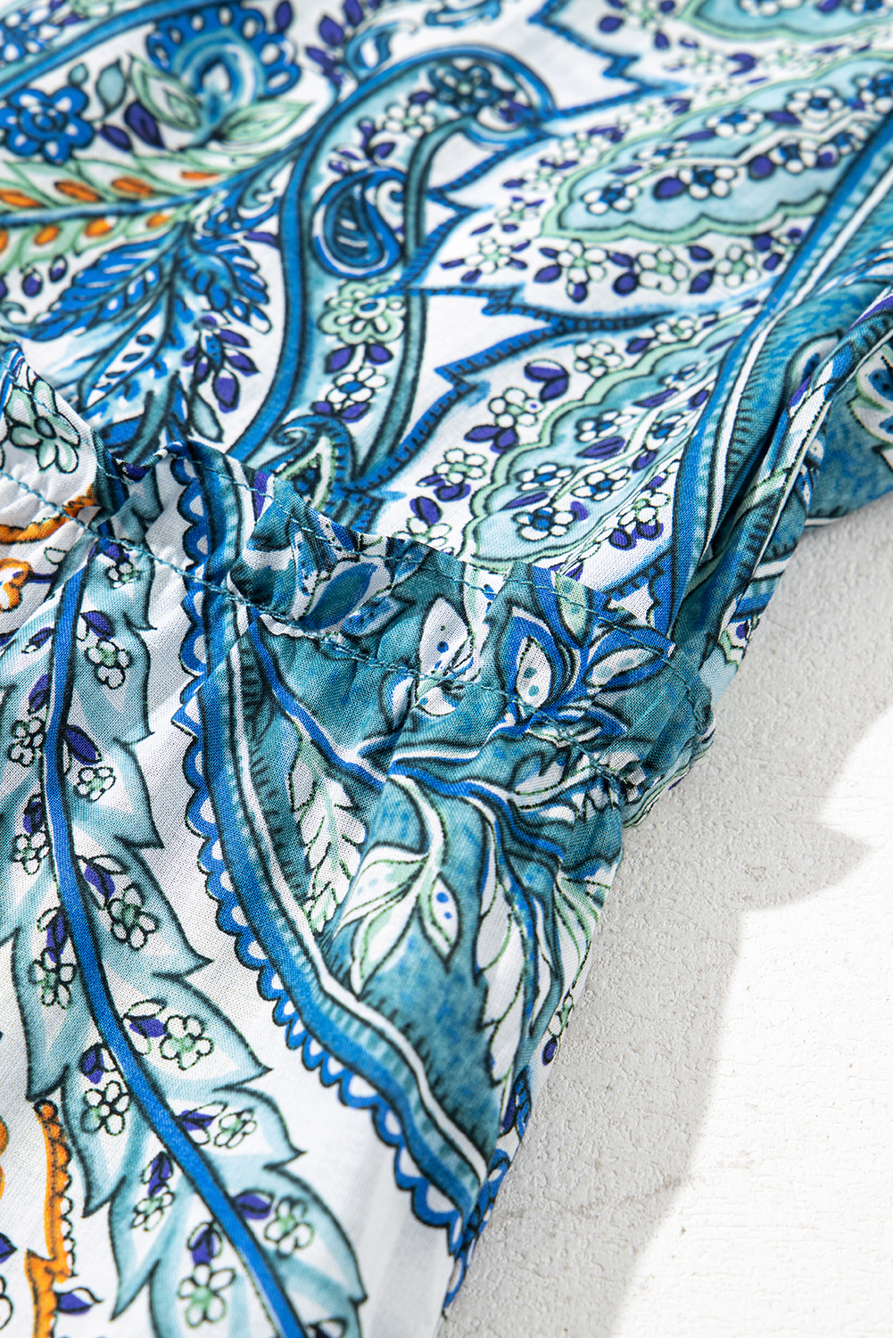 Women's Blue Bohemian Paisley Floral V Neck Short Sleeve Mini Dress - Detail View 9 Women's Blue Bohemian Paisley Floral V Neck Short Sleeve Mini Dress - Detail View 9