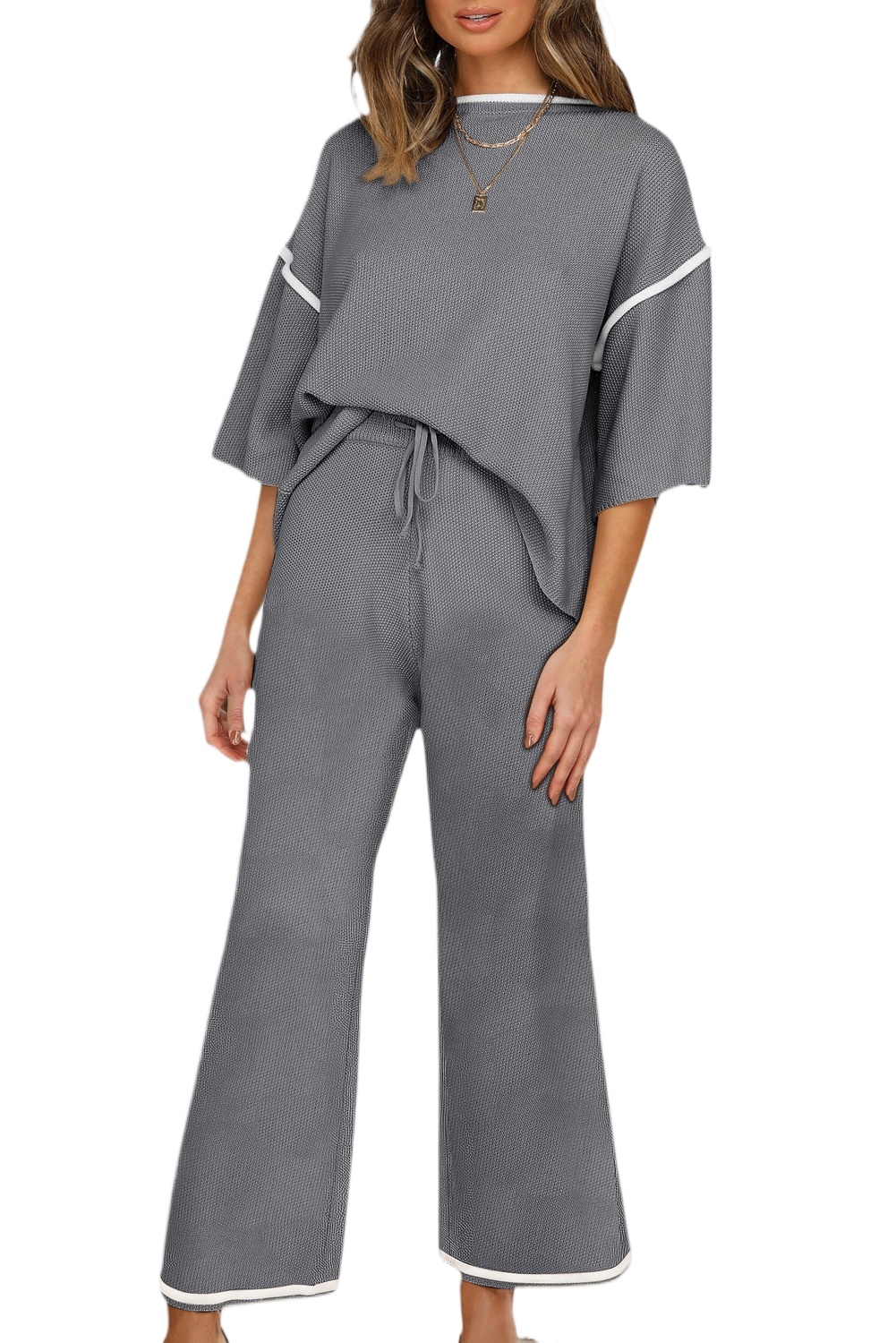 Women's Contrast Trim Lounge Set – Half Sleeve Top & Pants - Main View Women's Contrast Trim Lounge Set – Half Sleeve Top & Pants - Main View
