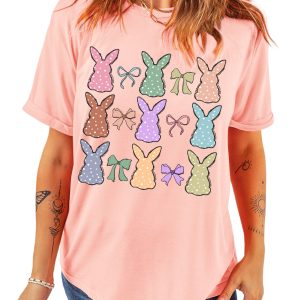 Women's Pink Dotty Bunny Bow Printed Easter Day T-Shirt - Cute and Casual - Main View