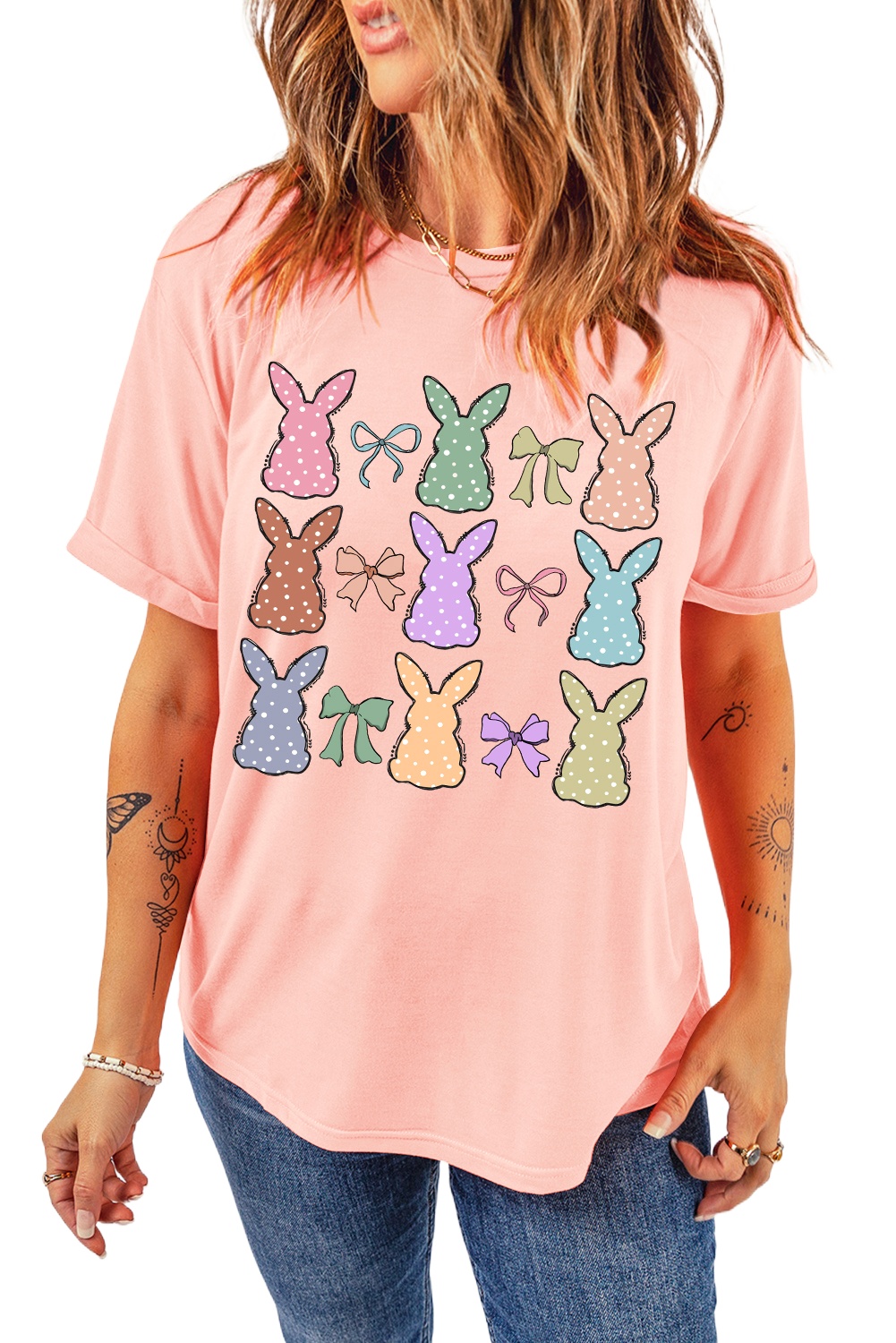 Women's Pink Dotty Bunny Bow Printed Easter Day T-Shirt - Cute and Casual - Main View Women's Pink Dotty Bunny Bow Printed Easter Day T-Shirt - Cute and Casual - Main View