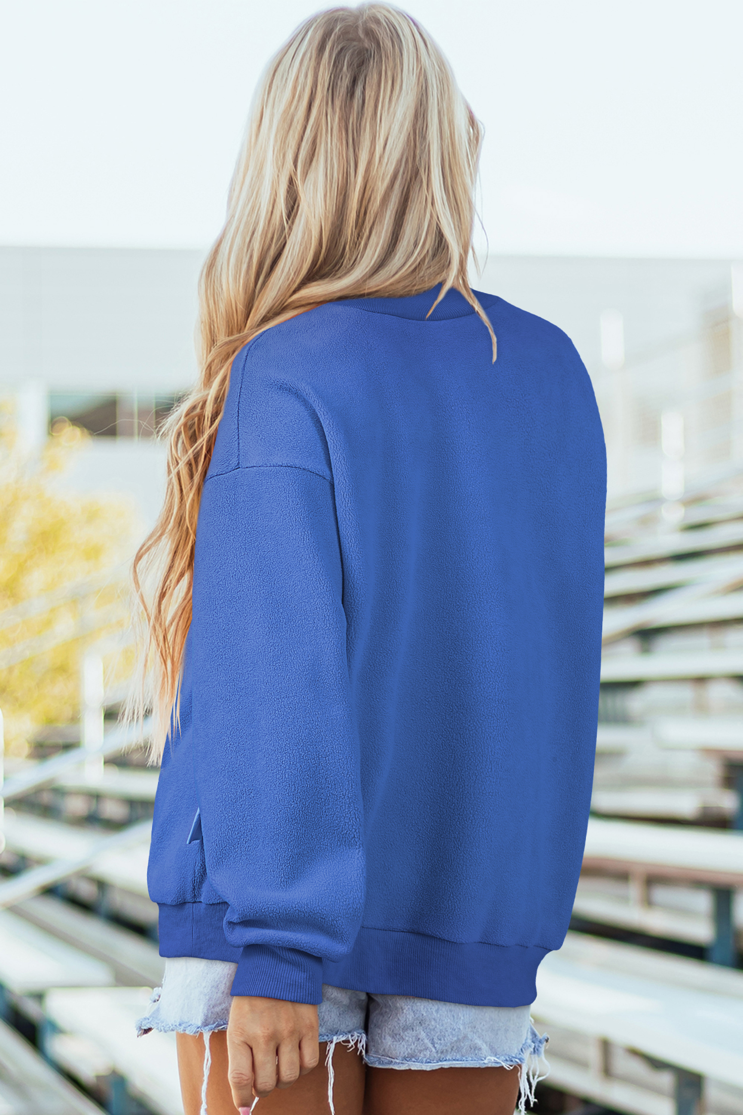 Women's Dark Blue Texas Graphic Mock Neck Reversible Sweatshirt – Fall Casual Style - Detail View 7 Women's Dark Blue Texas Graphic Mock Neck Reversible Sweatshirt – Fall Casual Style - Detail View 7