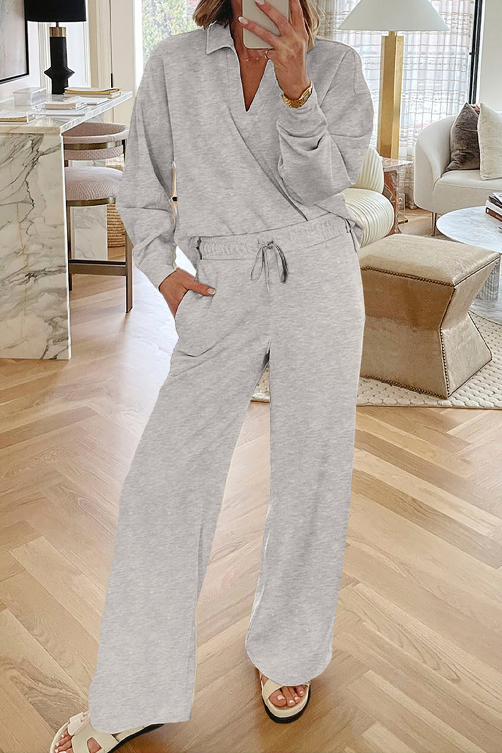 Women's Lounge Set, V Neck Long Sleeve Top Wide Leg Pants - Detail View 7 Women's Lounge Set, V Neck Long Sleeve Top Wide Leg Pants - Detail View 7