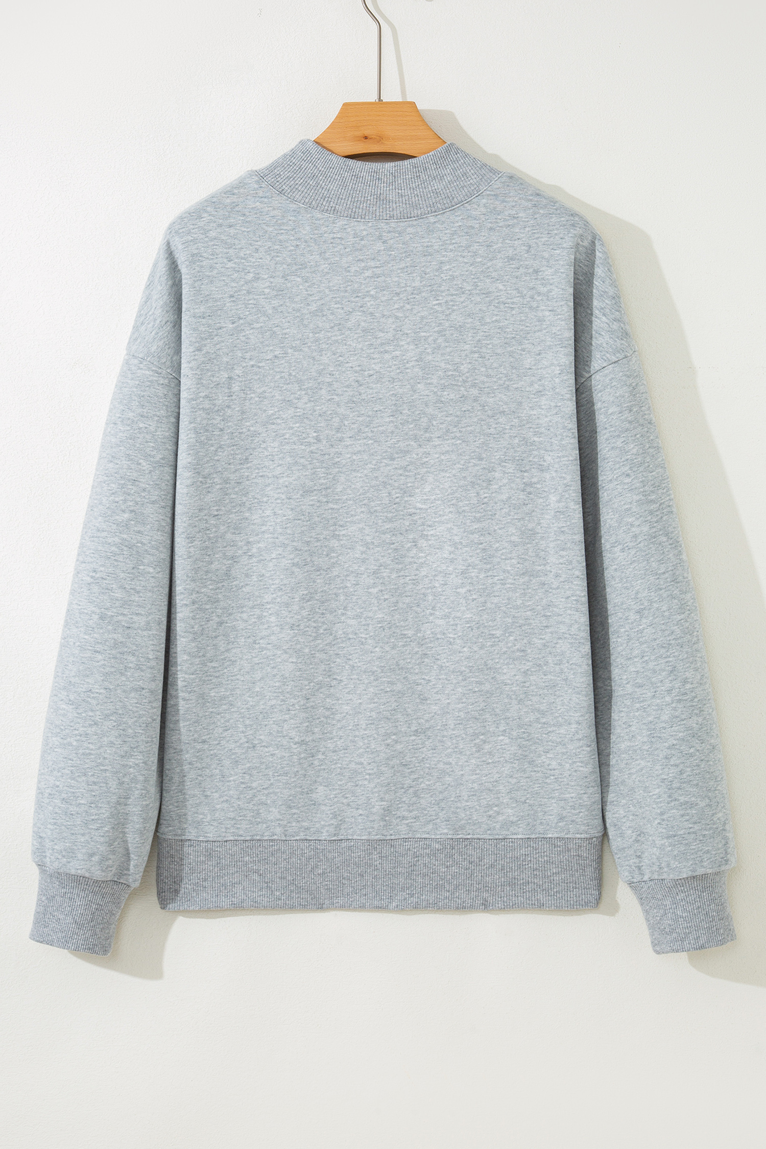 Gray Mock Neck Fall Sweatshirt, Embroidered Lettering Detail - Detail View 8 Gray Mock Neck Fall Sweatshirt, Embroidered Lettering Detail - Detail View 8