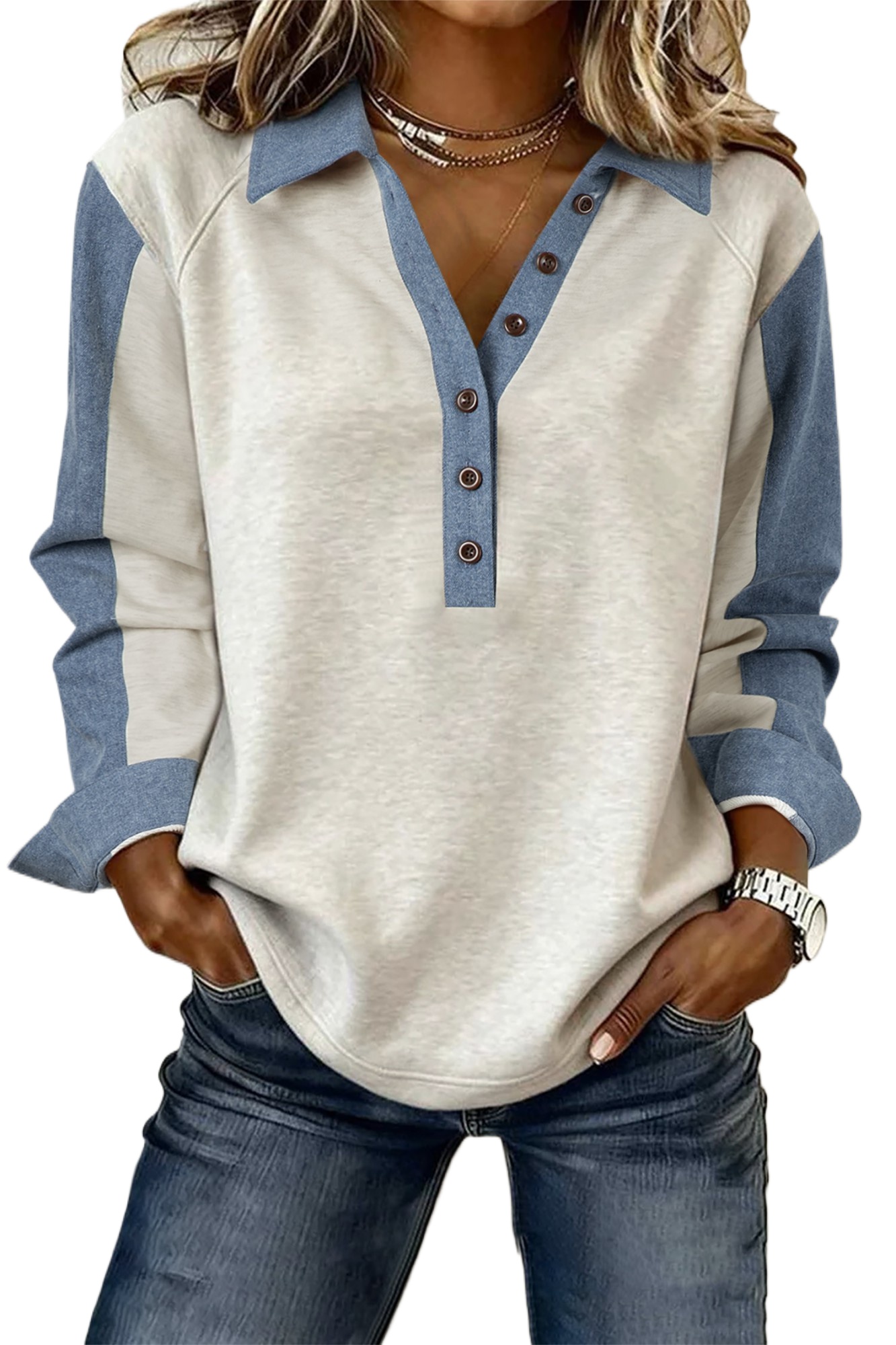 Women's Light Grey Denim Patchwork Long Sleeve Polo – Casual Style for Daily Wear - Main View Women's Light Grey Denim Patchwork Long Sleeve Polo – Casual Style for Daily Wear - Main View