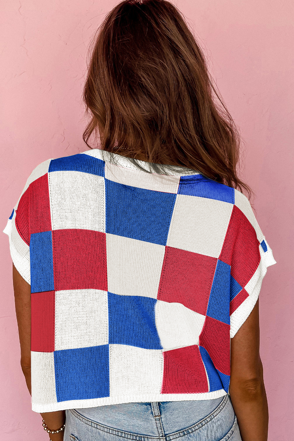 Fashionable Lightweight Knit Top - Cap Sleeve, Color Block Design for Casual Elegance - Detail View 2 Fashionable Lightweight Knit Top - Cap Sleeve, Color Block Design for Casual Elegance - Detail View 2