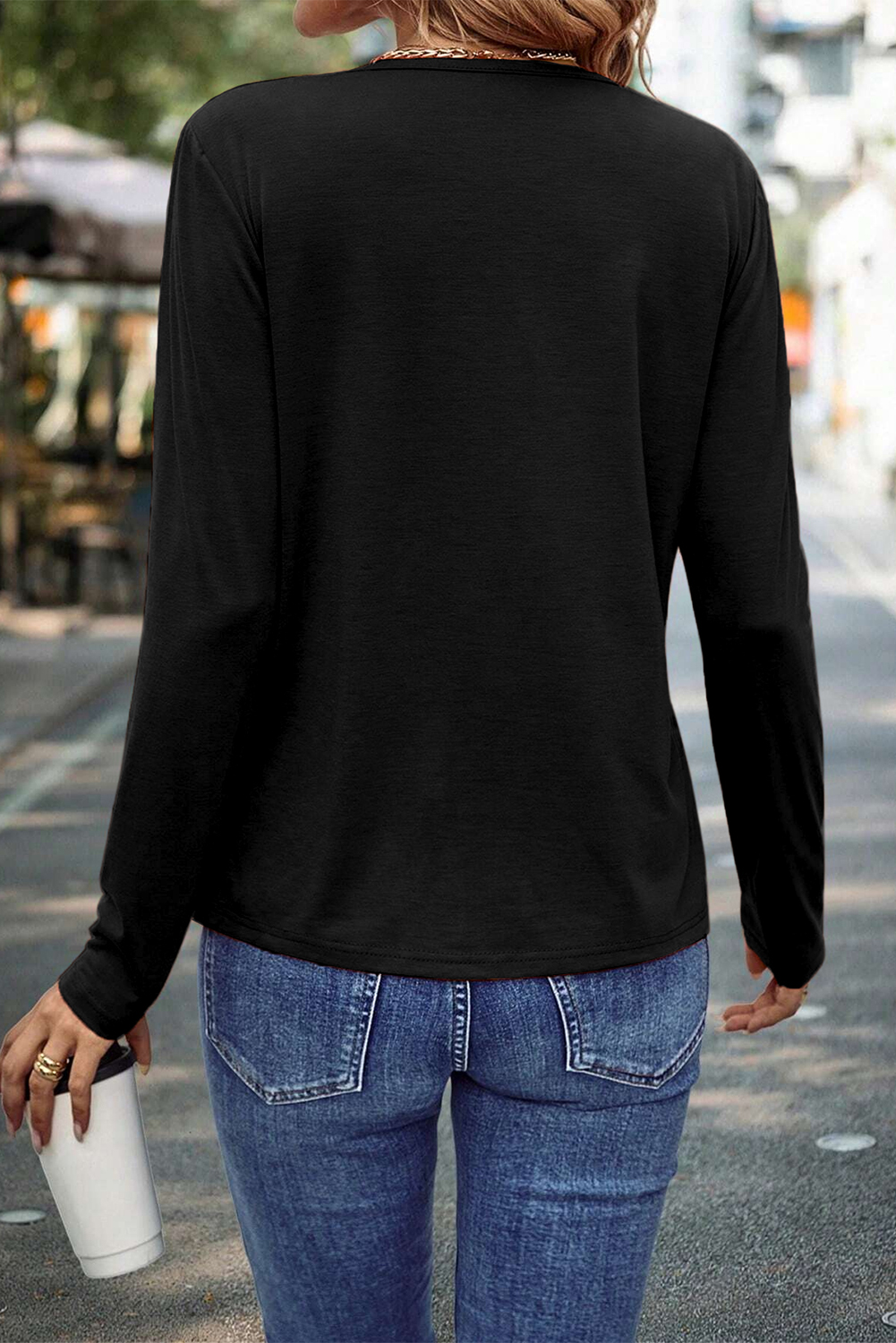 Stylish Black Solid Color Long Sleeve Top with Unique Asymmetric Design - Detail View 2 Stylish Black Solid Color Long Sleeve Top with Unique Asymmetric Design - Detail View 2
