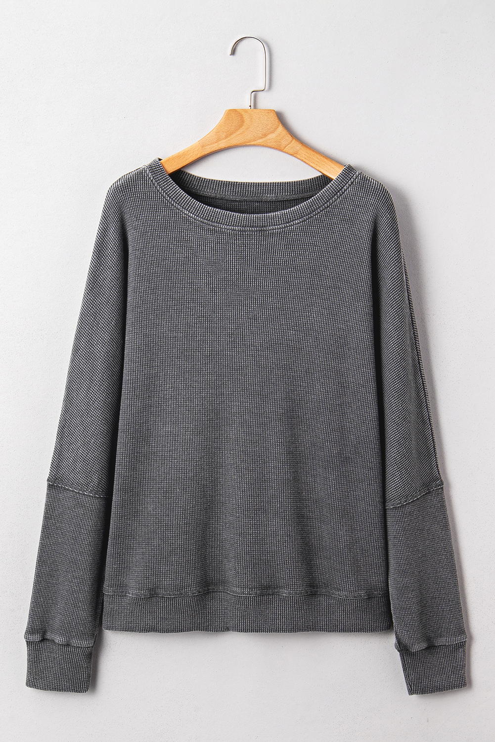Cozy Dark Grey Waffle Knit Patchwork Top for Women – Perfect for Fall Adventures and Casual Outings - Detail View 6 Cozy Dark Grey Waffle Knit Patchwork Top for Women – Perfect for Fall Adventures and Casual Outings - Detail View 6