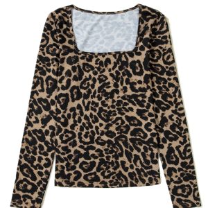 Women's Brown Leopard Print Long Sleeve T-Shirt – Casual Style for Daily Wear - Main View