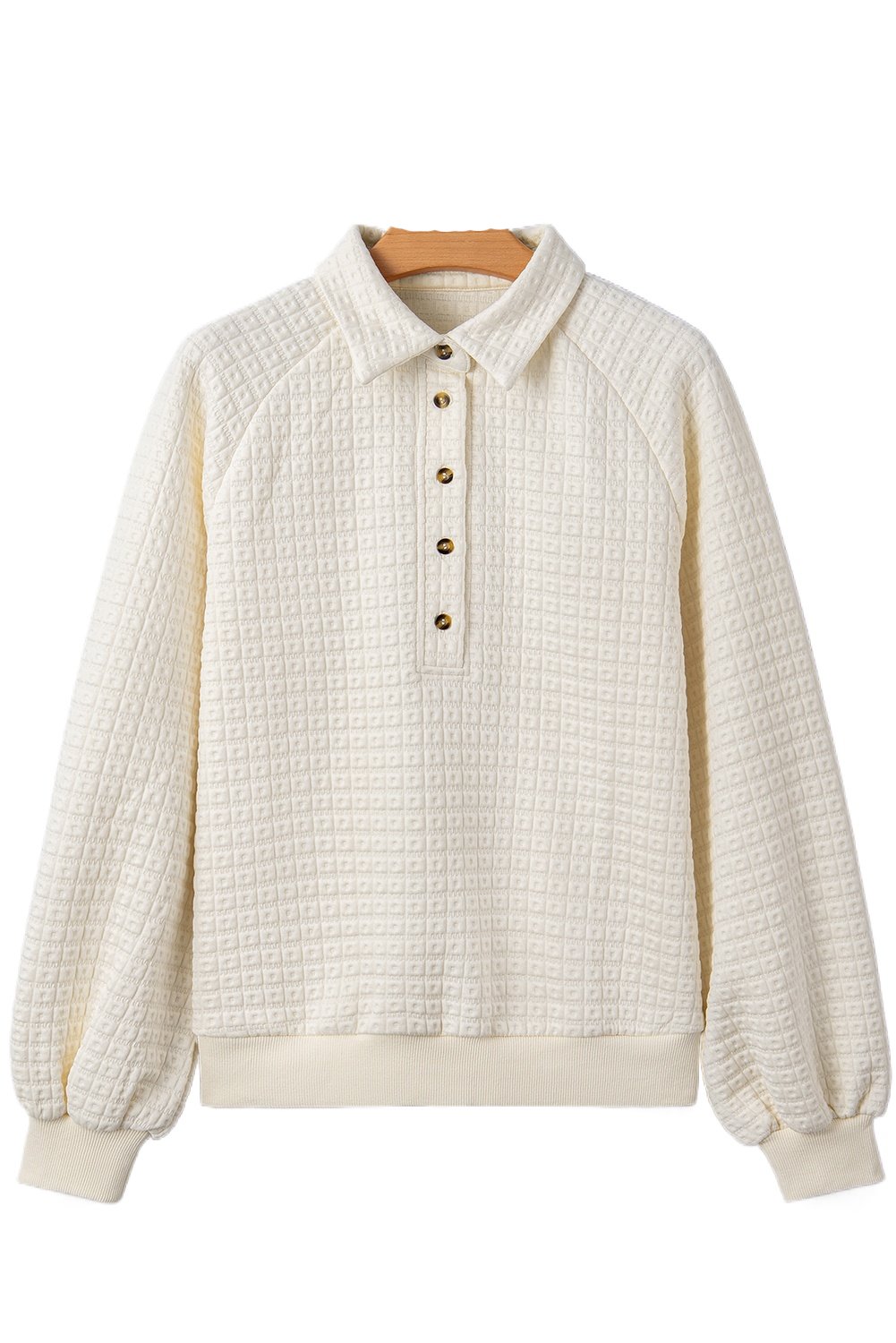 Cozy Beige Pineapple Textured Sweatshirt for Women – Button-Detail Collared Style Ideal for Fall Layering - Detail View 2 Cozy Beige Pineapple Textured Sweatshirt for Women – Button-Detail Collared Style Ideal for Fall Layering - Detail View 2