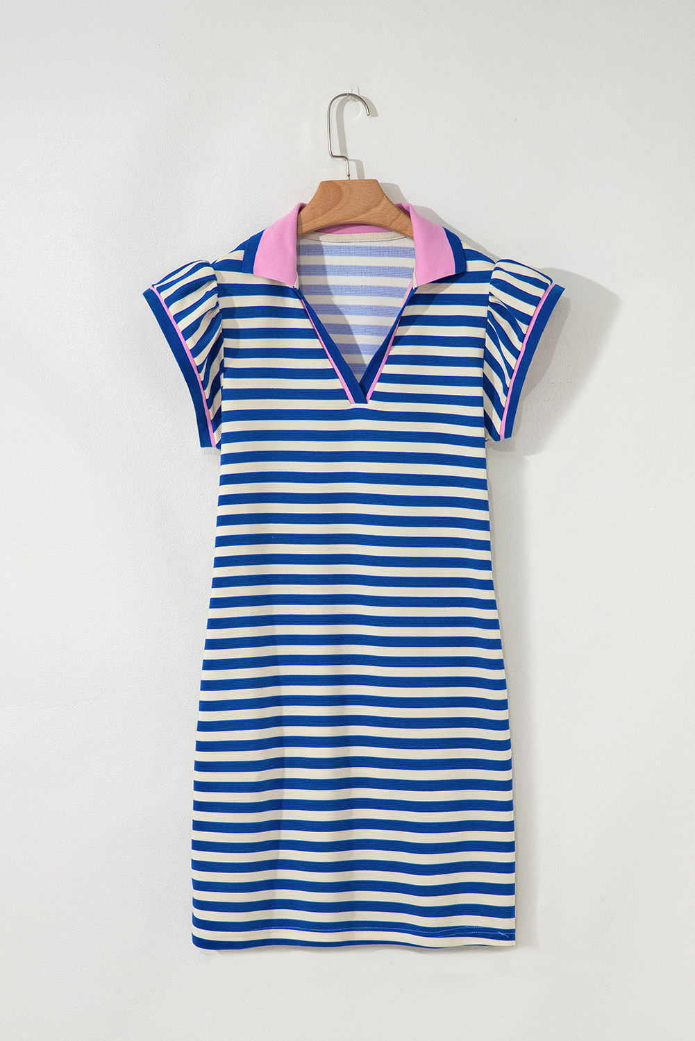 Women's Dress, Dark Blue, Stripe Print, Contrast Collar, Split Neck, Flutter Sleeves, Short Dress, Casual Wear, Semi-Formal, Chic Style, Feminine Silhouette, Summer Fashion, Mini Dresses, Comfortable Fit - Detail View 4 Women's Dress, Dark Blue, Stripe Print, Contrast Collar, Split Neck, Flutter Sleeves, Short Dress, Casual Wear, Semi-Formal, Chic Style, Feminine Silhouette, Summer Fashion, Mini Dresses, Comfortable Fit - Detail View 4