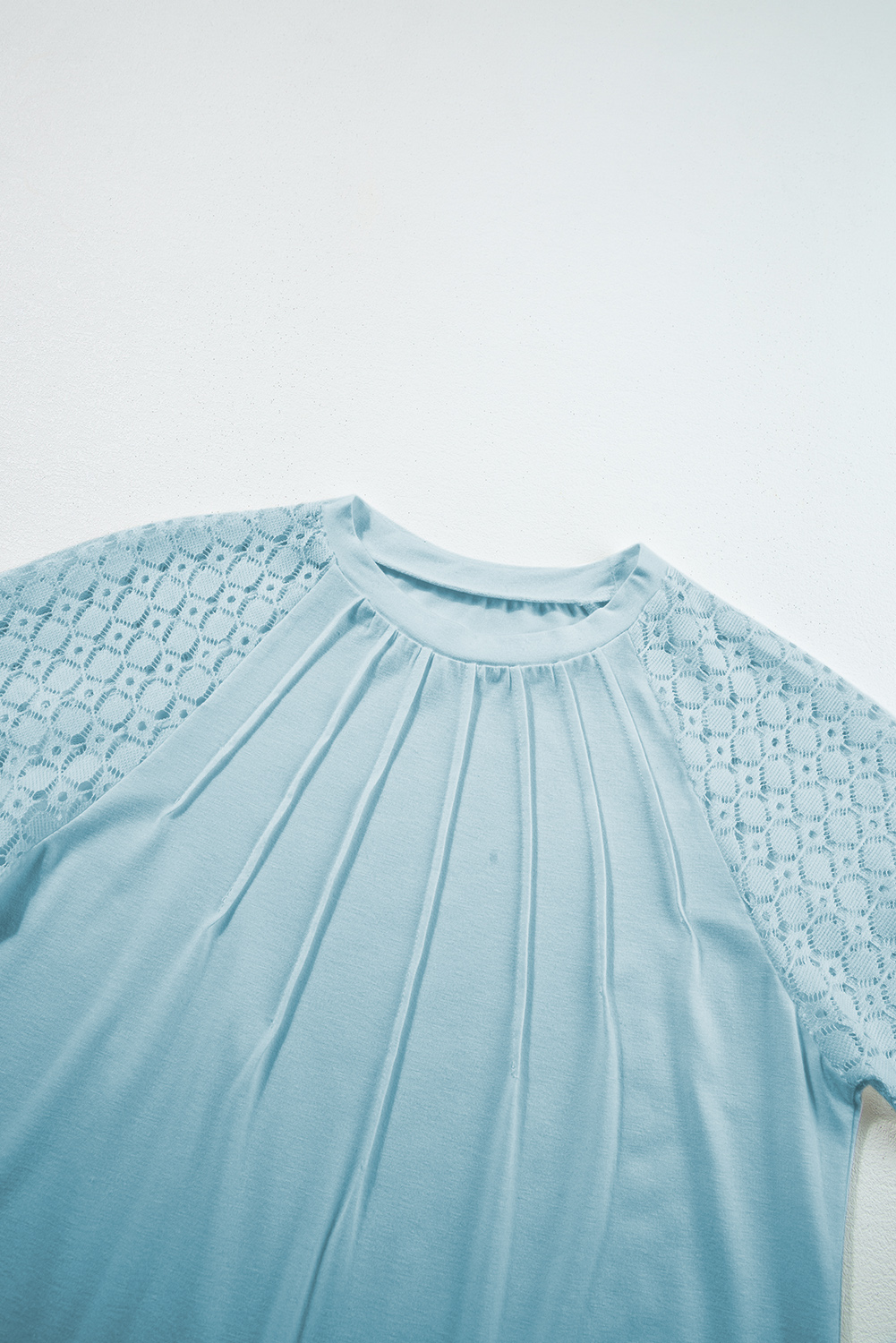 Women's Mist Blue Lace Detail Raglan Sleeve Tee – Casual Summer Style for Everyday Wear - Detail View 7 Women's Mist Blue Lace Detail Raglan Sleeve Tee – Casual Summer Style for Everyday Wear - Detail View 7