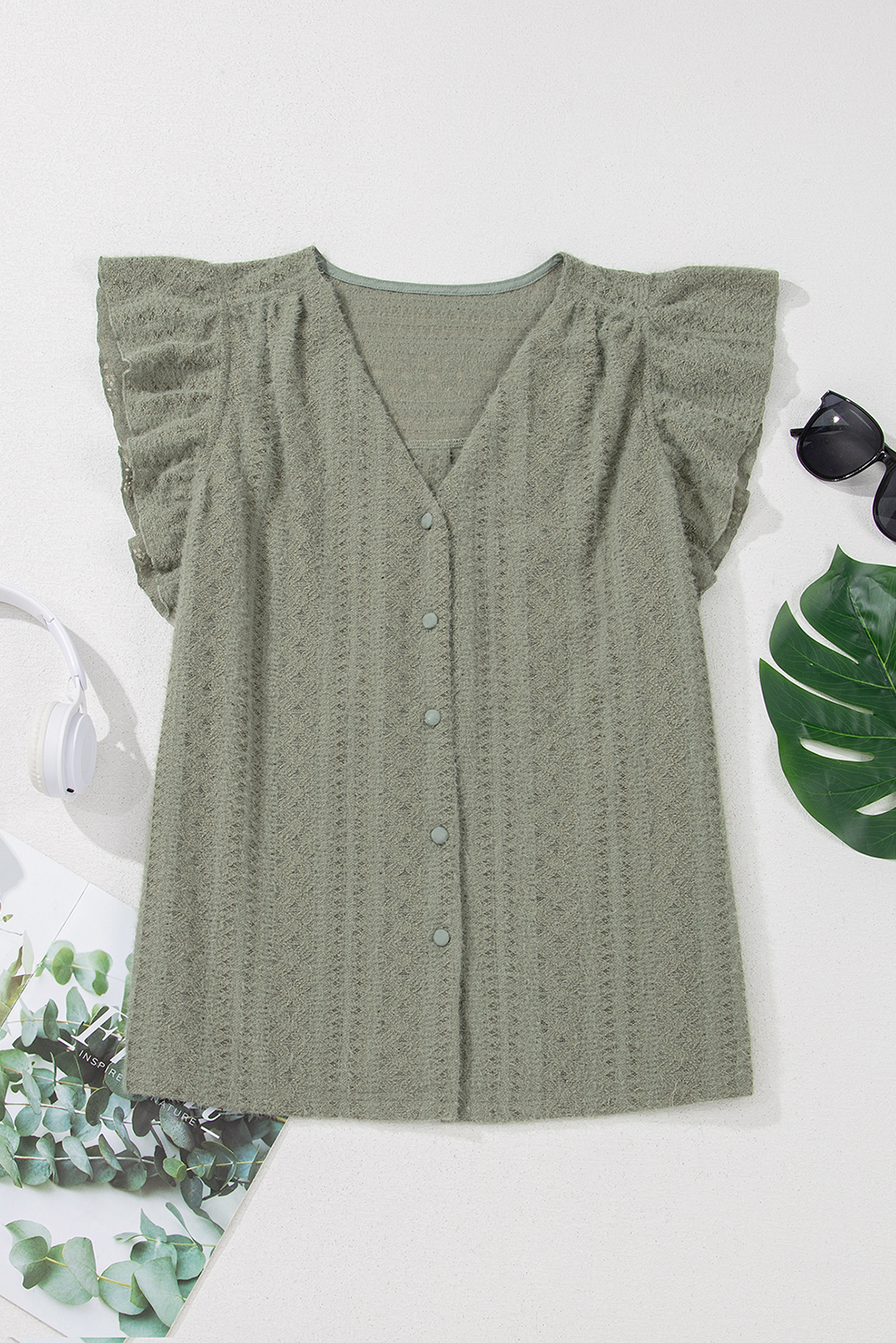 Charming Lace V Neck Blouse with Flutter Sleeves - Ideal for Summer Style - Detail View 10 Charming Lace V Neck Blouse with Flutter Sleeves - Ideal for Summer Style - Detail View 10