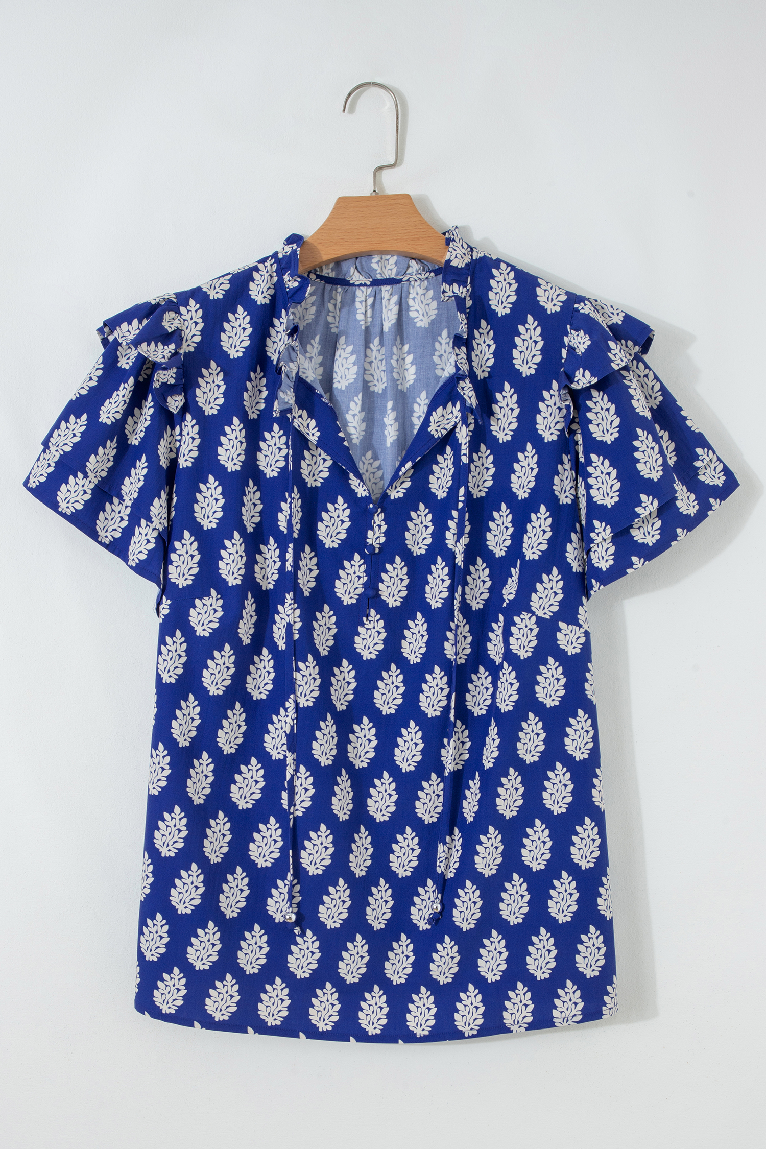 Women's Plus Size Botanical Print Blouse – Blue V Neck Short Sleeve Ruffle Top, Casual Summer Shift Style - Detail View 7 Women's Plus Size Botanical Print Blouse – Blue V Neck Short Sleeve Ruffle Top, Casual Summer Shift Style - Detail View 7