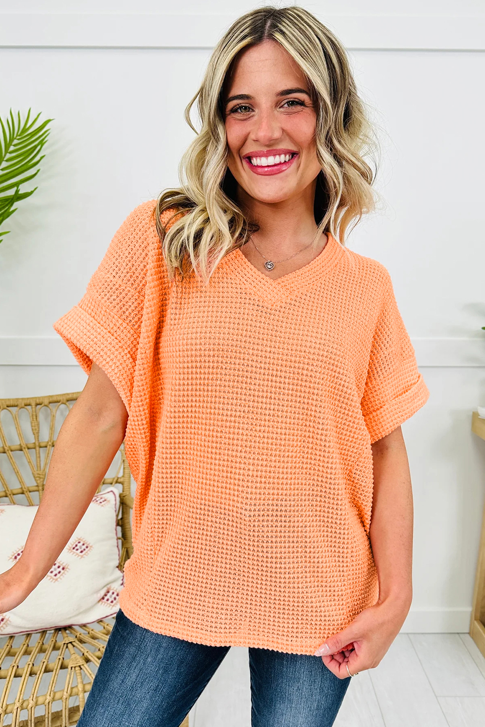 Women's Casual V Neck Waffle Knit Tee, Cozy Gift - Detail View 3 Women's Casual V Neck Waffle Knit Tee, Cozy Gift - Detail View 3