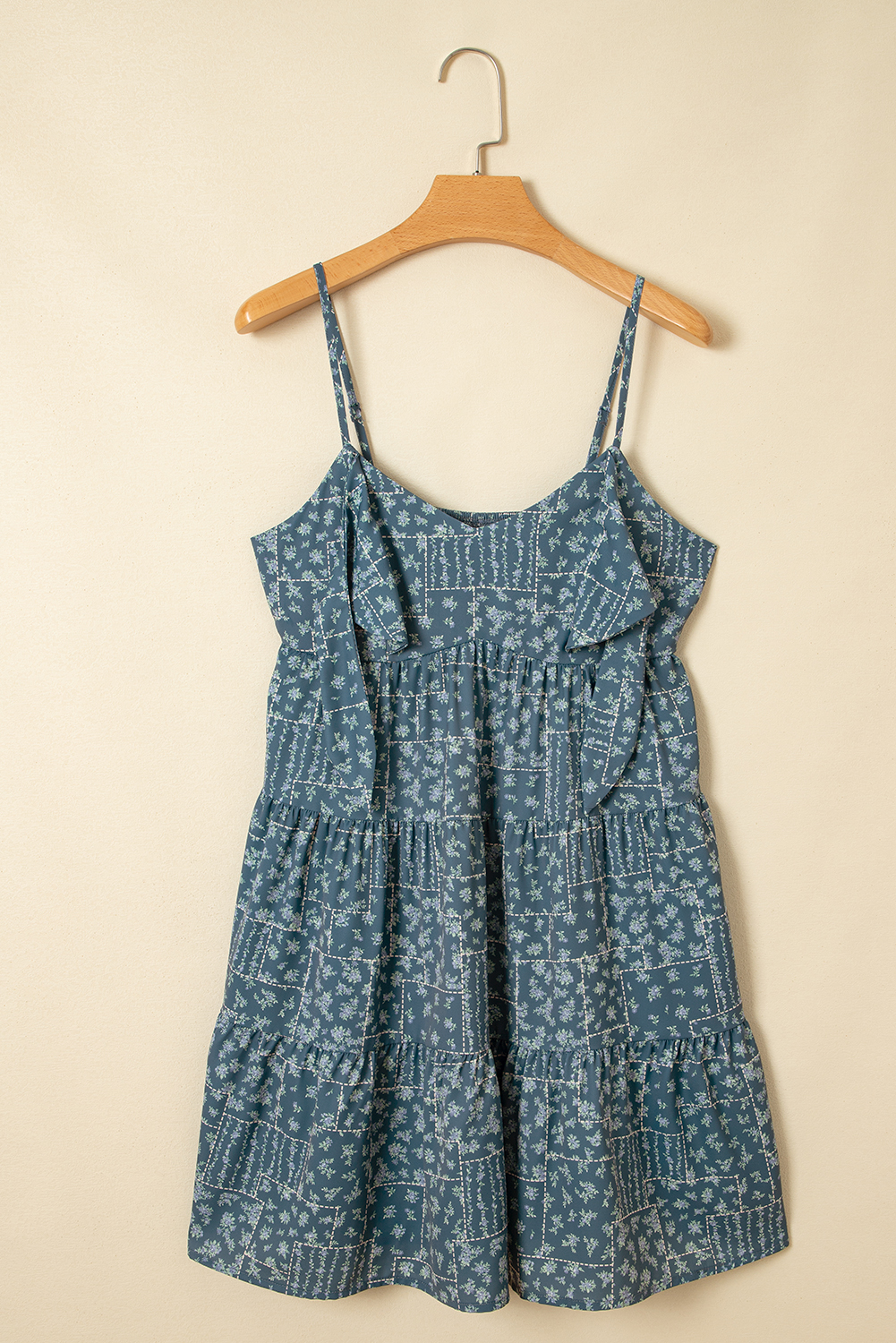 Women's Dress, Blue Floral Dress, Spaghetti Straps, High Waist, A-Line Dress, Mini Length, Casual, Vacation, Date Night, Floral Print, Sexy Design, Comfortable Fit - Detail View 8 Women's Dress, Blue Floral Dress, Spaghetti Straps, High Waist, A-Line Dress, Mini Length, Casual, Vacation, Date Night, Floral Print, Sexy Design, Comfortable Fit - Detail View 8
