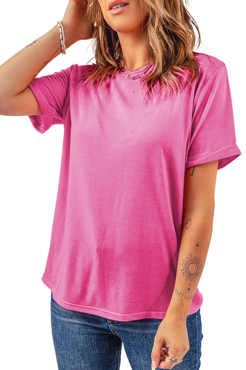 Women's Sachet Pink Casual Plain Crew Neck Tee - Soft and Breathable Summer Top - Main View Women's Sachet Pink Casual Plain Crew Neck Tee - Soft and Breathable Summer Top - Main View
