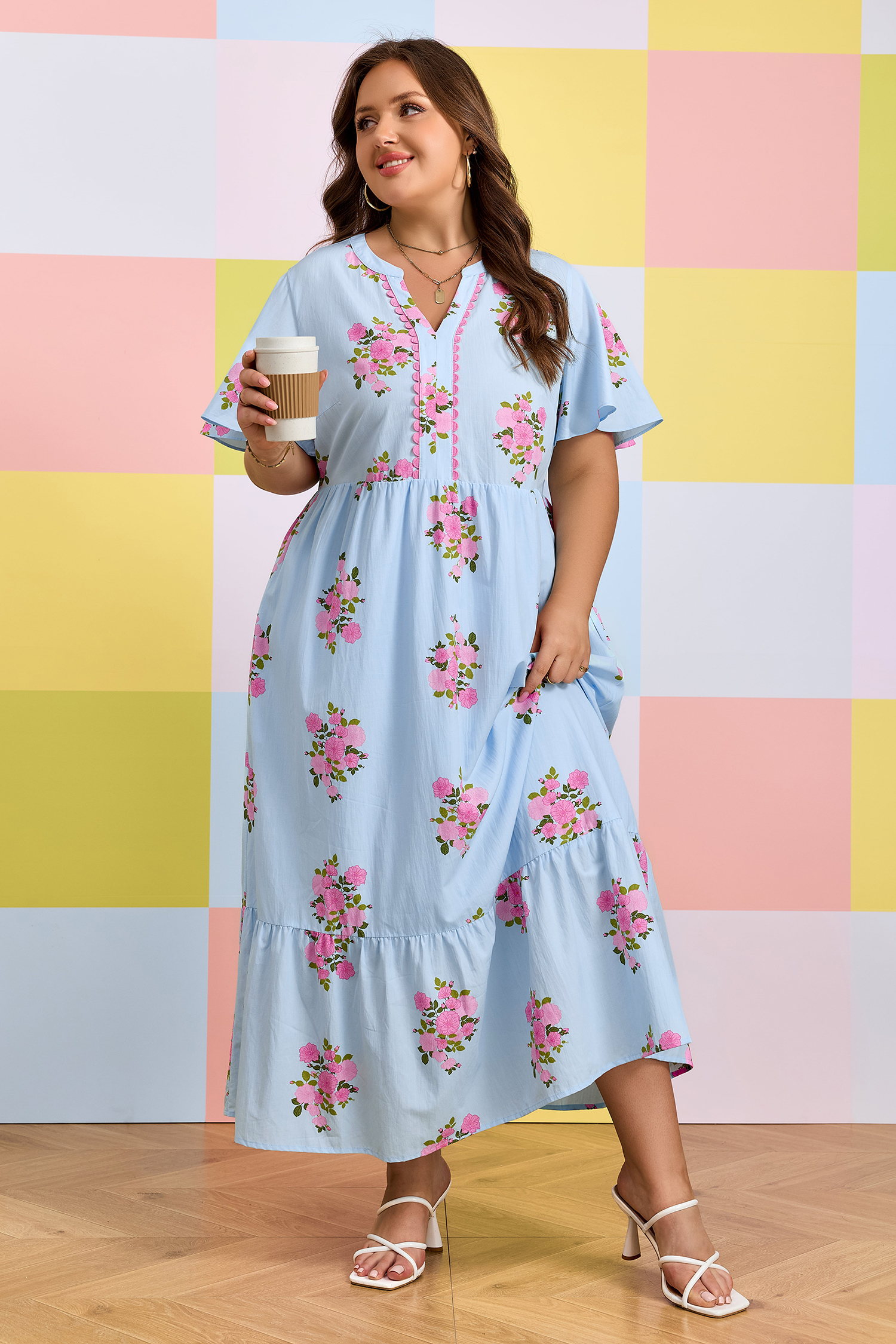 Women's Southern Belle Floral Maxi Dress – Sky Blue V-Neck Short Sleeve Long Dress for Easter & Holidays - Detail View 3 Women's Southern Belle Floral Maxi Dress – Sky Blue V-Neck Short Sleeve Long Dress for Easter & Holidays - Detail View 3