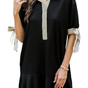 Women's Black Stripe Detail Polo Dress – Casual Short Sleeve Mini Dress for Summer Outings - Main View