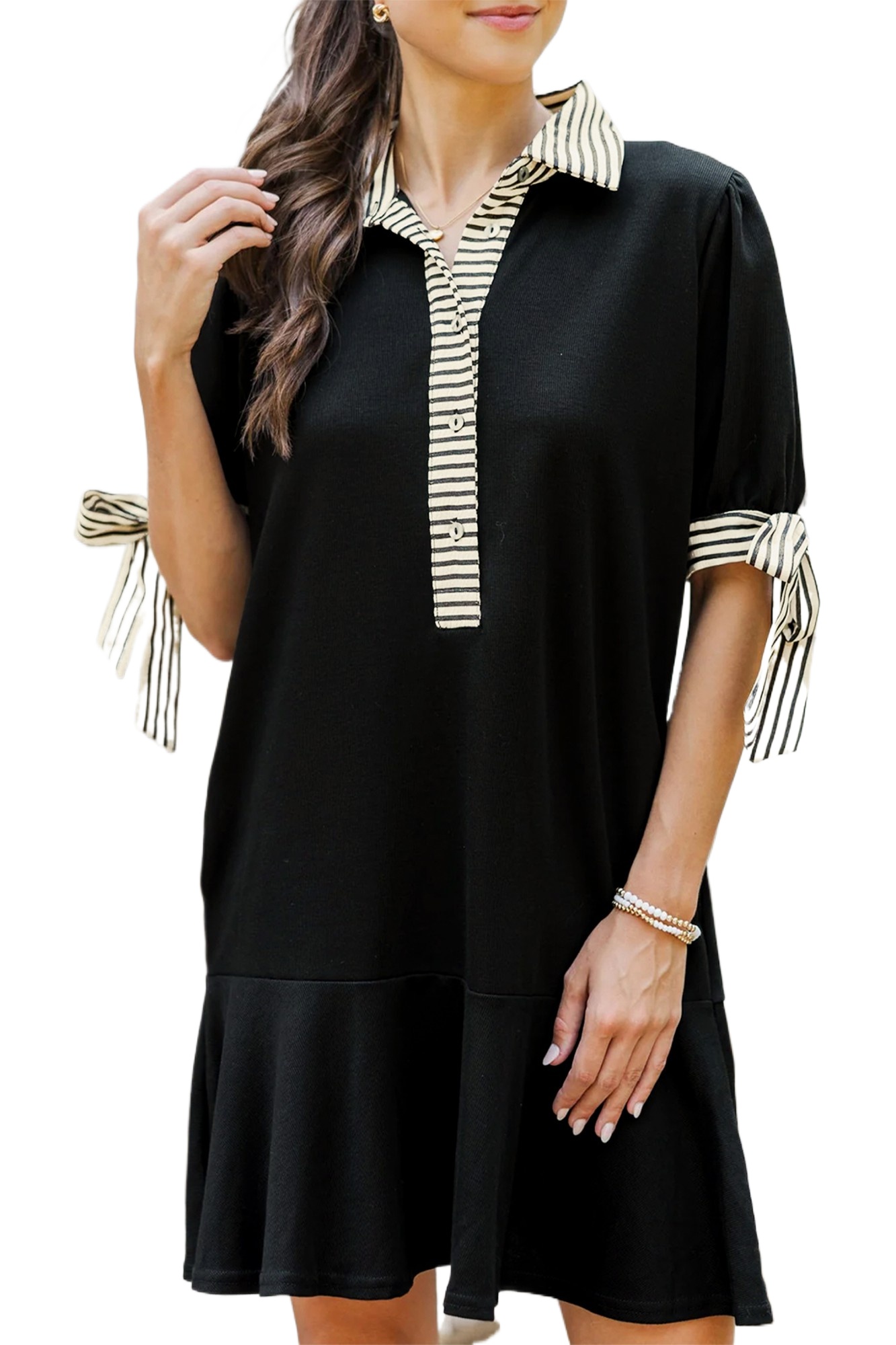 Women's Black Stripe Detail Polo Dress – Casual Short Sleeve Mini Dress for Summer Outings - Main View Women's Black Stripe Detail Polo Dress – Casual Short Sleeve Mini Dress for Summer Outings - Main View