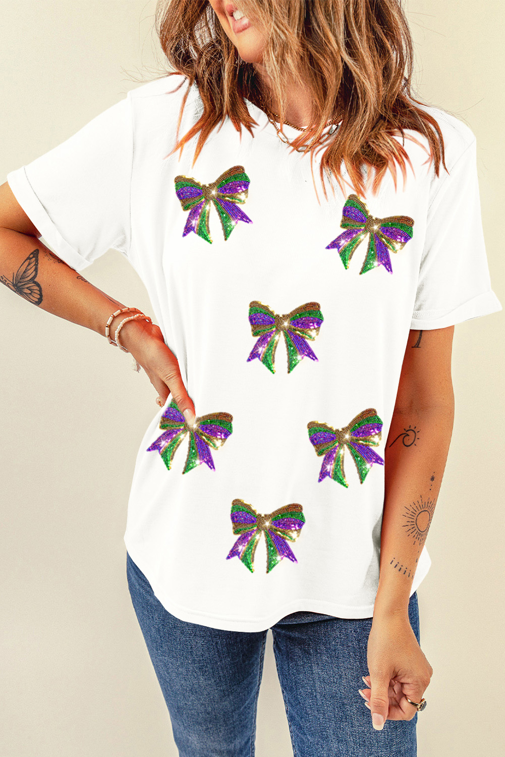 Sparkling Bow Graphic T-Shirt with Sequins - Perfect for Mardi Gras Celebrations - Detail View 6 Sparkling Bow Graphic T-Shirt with Sequins - Perfect for Mardi Gras Celebrations - Detail View 6
