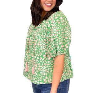 Plus Size Green Floral Tassel Tie Split Neck Blouse with Puff Sleeves - Main View