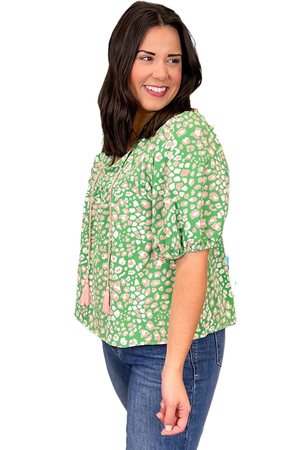 Plus Size Green Floral Tassel Tie Split Neck Blouse with Puff Sleeves - Main View Plus Size Green Floral Tassel Tie Split Neck Blouse with Puff Sleeves - Main View