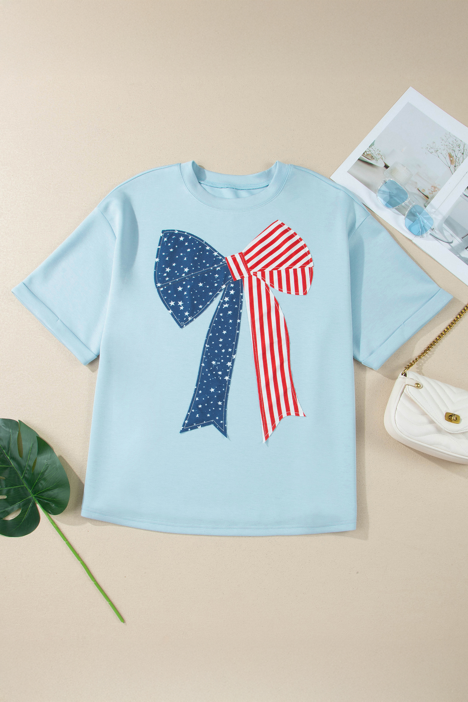 Patriotic National Flag Bow T-Shirt for Women – Casual Beau Blue Shift Top for Summer Holidays - Detail View 2 Patriotic National Flag Bow T-Shirt for Women – Casual Beau Blue Shift Top for Summer Holidays - Detail View 2