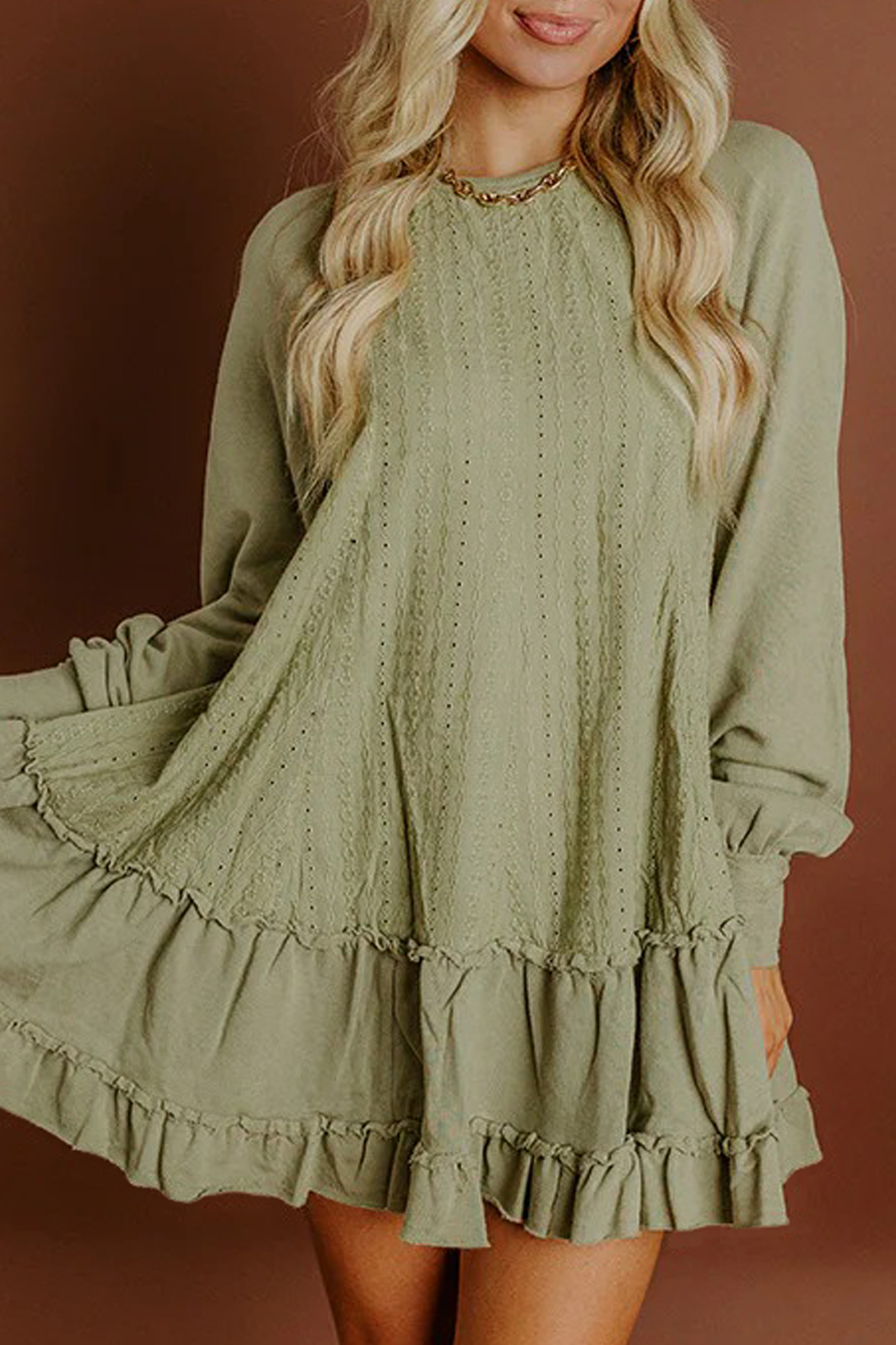 Chic Laurel Green Mini Dress with Frills – Perfect for Daily Wear in Spring & Summer - Detail View 2 Chic Laurel Green Mini Dress with Frills – Perfect for Daily Wear in Spring & Summer - Detail View 2