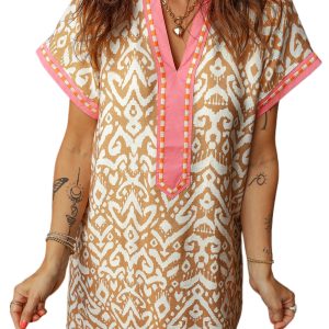 Women's Khaki Color Block Mini Dress – Stylish Western Print for Casual Summer Outings - Main View