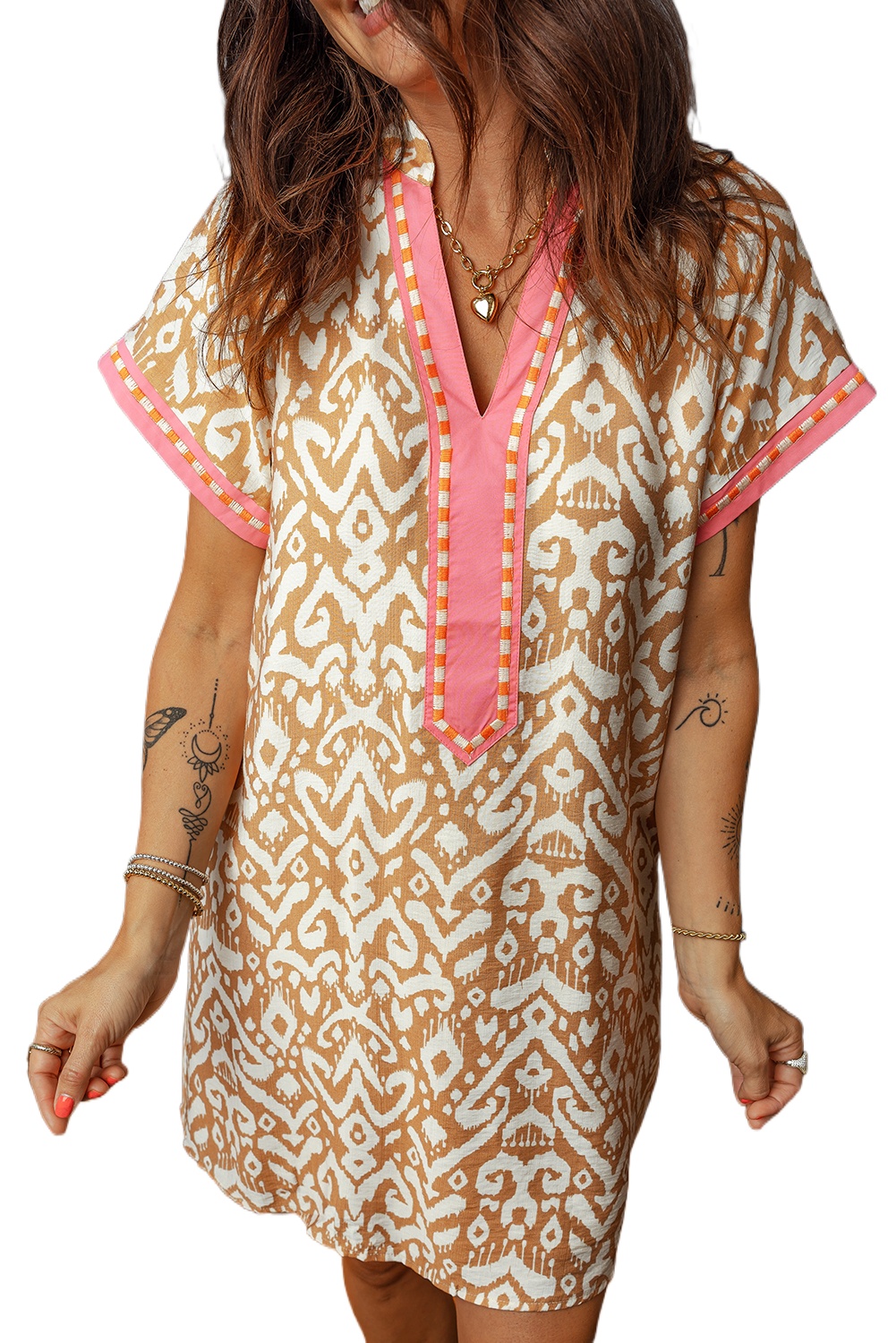 Women's Khaki Color Block Mini Dress – Stylish Western Print for Casual Summer Outings - Main View Women's Khaki Color Block Mini Dress – Stylish Western Print for Casual Summer Outings - Main View