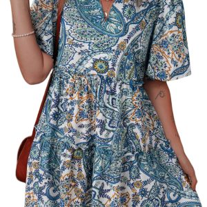 Women's Blue Bohemian Paisley Floral V Neck Short Sleeve Mini Dress - Main View