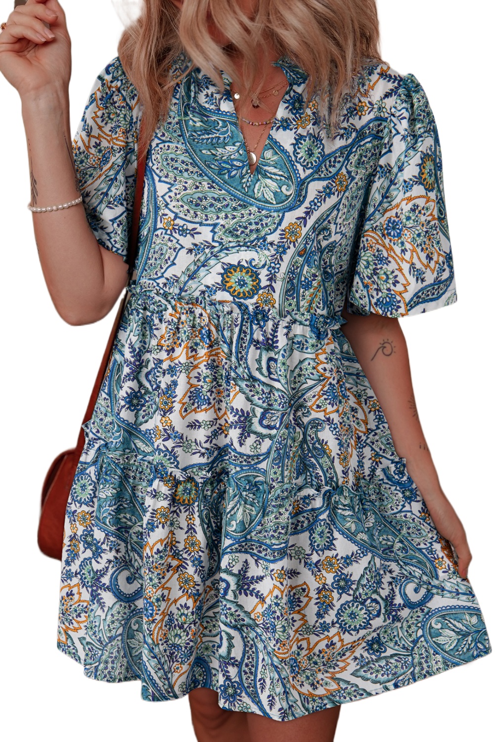 Women's Blue Bohemian Paisley Floral V Neck Short Sleeve Mini Dress - Main View Women's Blue Bohemian Paisley Floral V Neck Short Sleeve Mini Dress - Main View