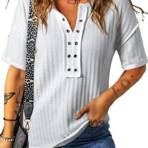 Women's White Textured Hollow Grommet Placket Split Neck Short Sleeve Top - Main View