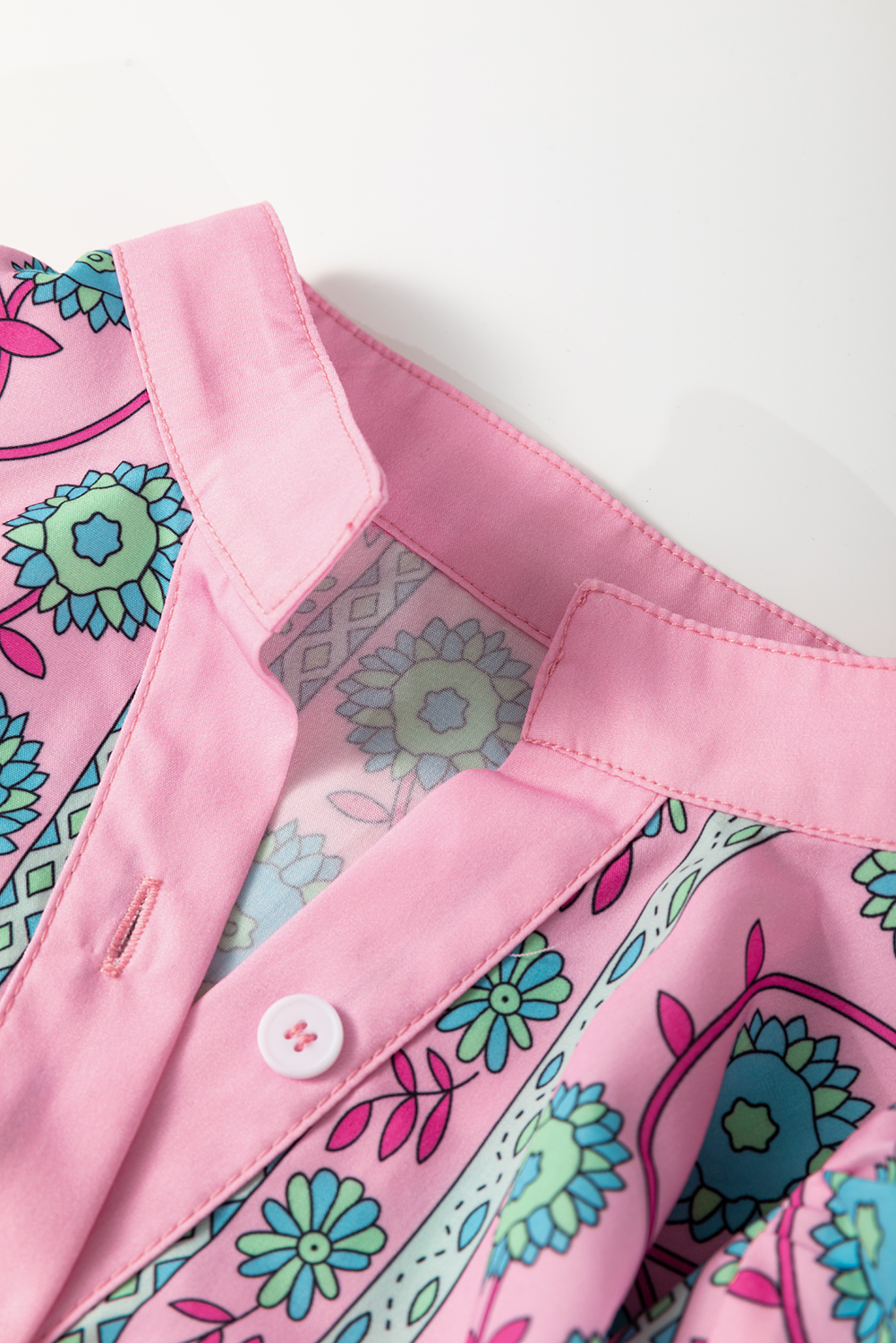 Relaxed Summer Midi Dress with Button Front and Belted Waist - Pink Floral - Detail View 6 Relaxed Summer Midi Dress with Button Front and Belted Waist - Pink Floral - Detail View 6