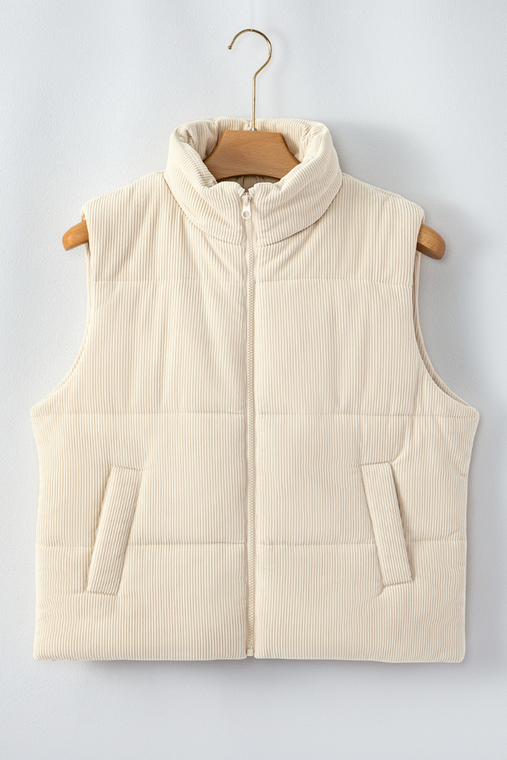 Women's Beige Corduroy Stand Neck Zipped Puffer Vest for Daily Wear - Detail View 7 Women's Beige Corduroy Stand Neck Zipped Puffer Vest for Daily Wear - Detail View 7