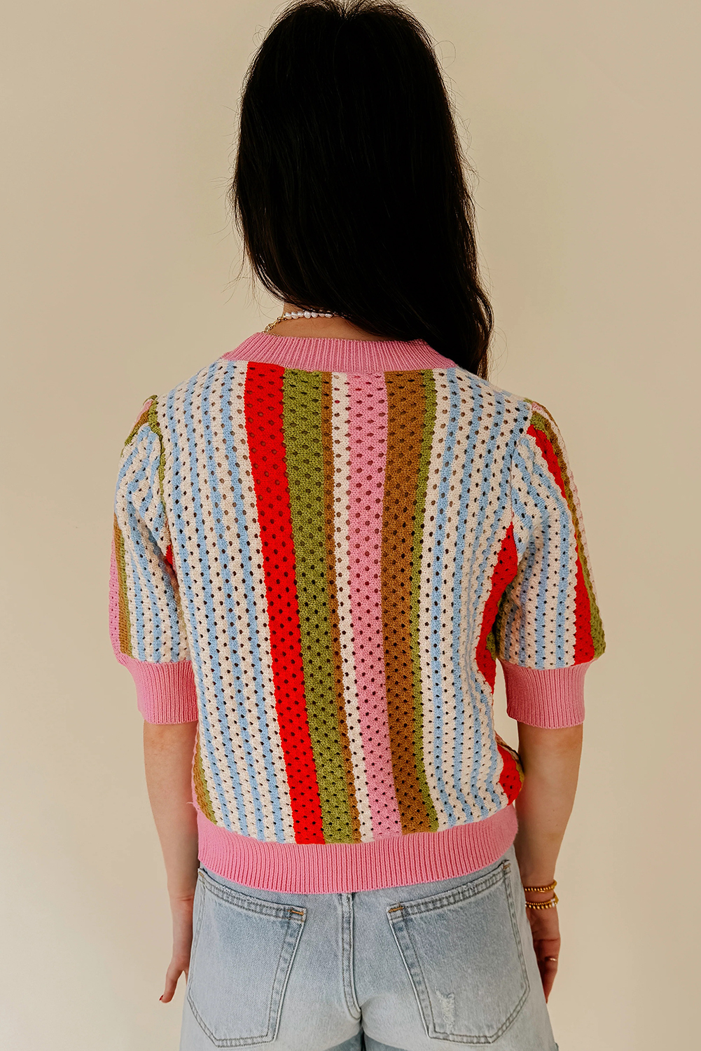 Casual Multicolour Pointelle Striped Sweater for Women – Spring Style - Detail View 2 Casual Multicolour Pointelle Striped Sweater for Women – Spring Style - Detail View 2