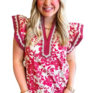 Women's Red Floral Blouse – V Neck Flutter Sleeve Top with Lace Trim, Casual Southern Belle Style - Main View