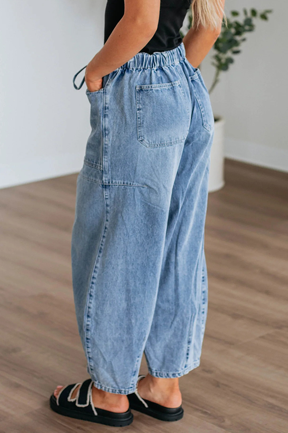 Casual Blue Denim Wide Leg Jeans with Drawstring and Patch Pockets - Detail View 6 Casual Blue Denim Wide Leg Jeans with Drawstring and Patch Pockets - Detail View 6