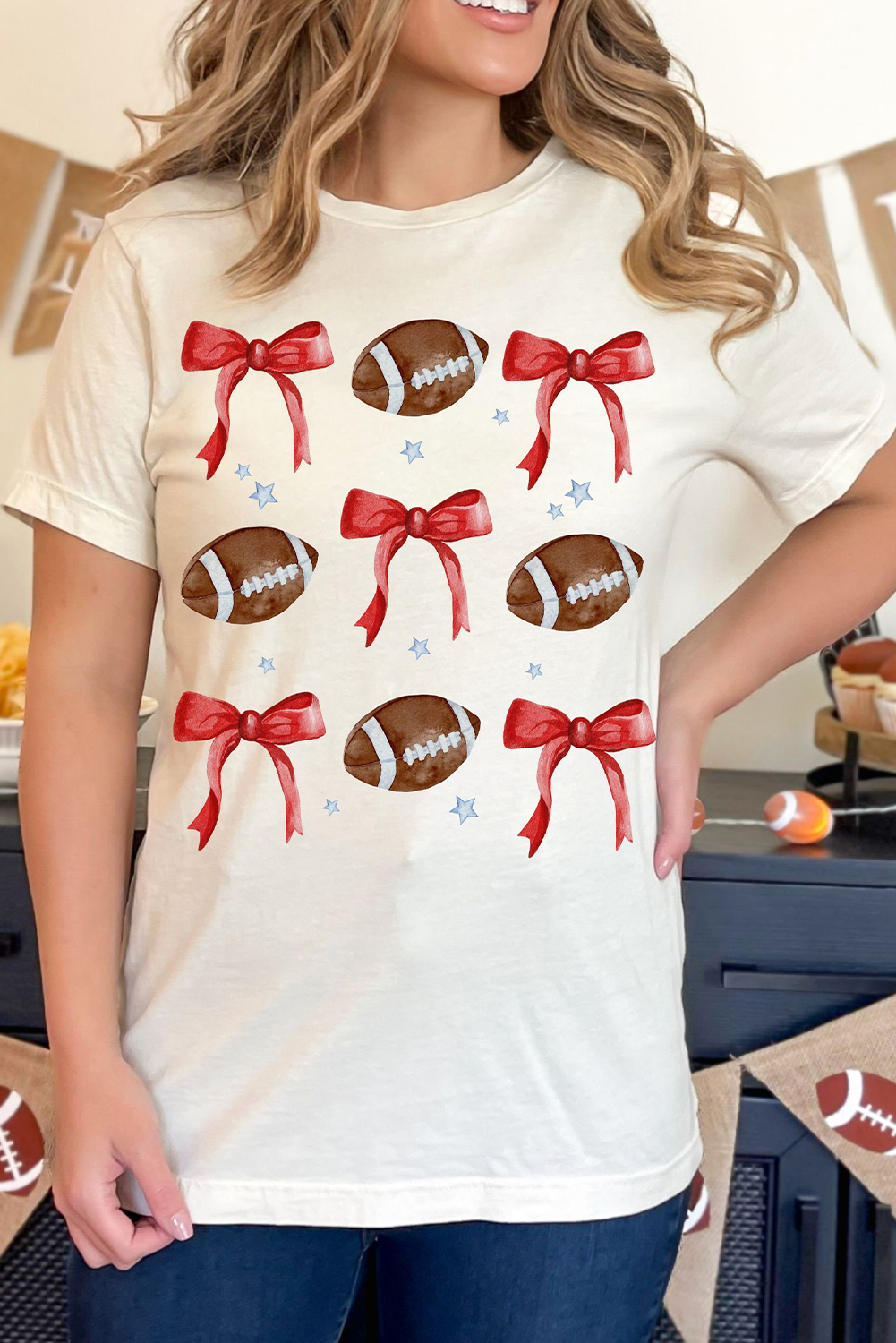 Cute Football Graphic Tee with Bow and Stars - Perfect for Game Day - Detail View 2 Cute Football Graphic Tee with Bow and Stars - Perfect for Game Day - Detail View 2