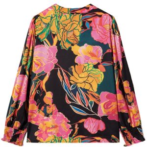 Elegant Black Floral Print V Neck Blouse with Smocked Cuffs and Puff Sleeves - Main View