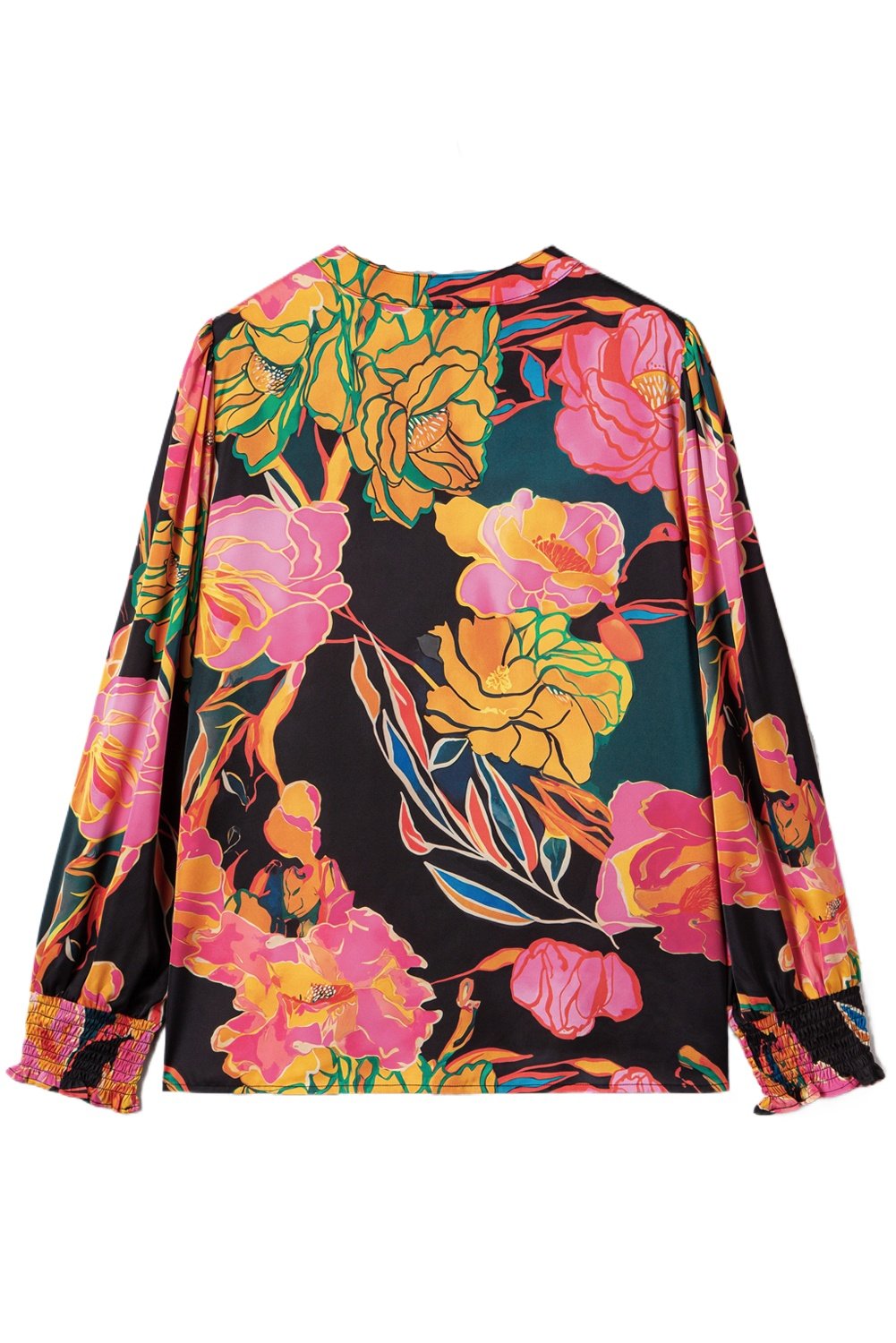 Elegant Black Floral Print V Neck Blouse with Smocked Cuffs and Puff Sleeves - Main View Elegant Black Floral Print V Neck Blouse with Smocked Cuffs and Puff Sleeves - Main View
