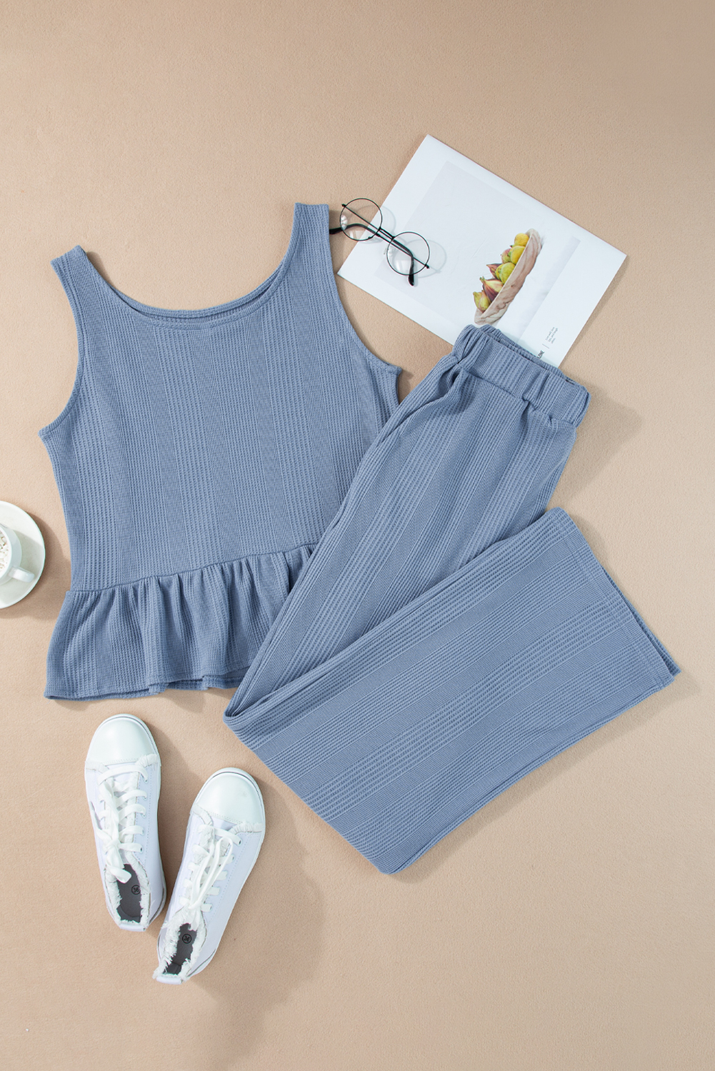 Women's Two-Piece Set, Beau Blue, Solid Color, Ribbed Texture, Ruffle Tank Top, Wide Leg Pants, Casual Loungewear, Summer Fashion, Sleeveless Top, High Waisted Pants, Daily Wear, Comfortable Style, Versatile Outfit - Detail View 8 Women's Two-Piece Set, Beau Blue, Solid Color, Ribbed Texture, Ruffle Tank Top, Wide Leg Pants, Casual Loungewear, Summer Fashion, Sleeveless Top, High Waisted Pants, Daily Wear, Comfortable Style, Versatile Outfit - Detail View 8