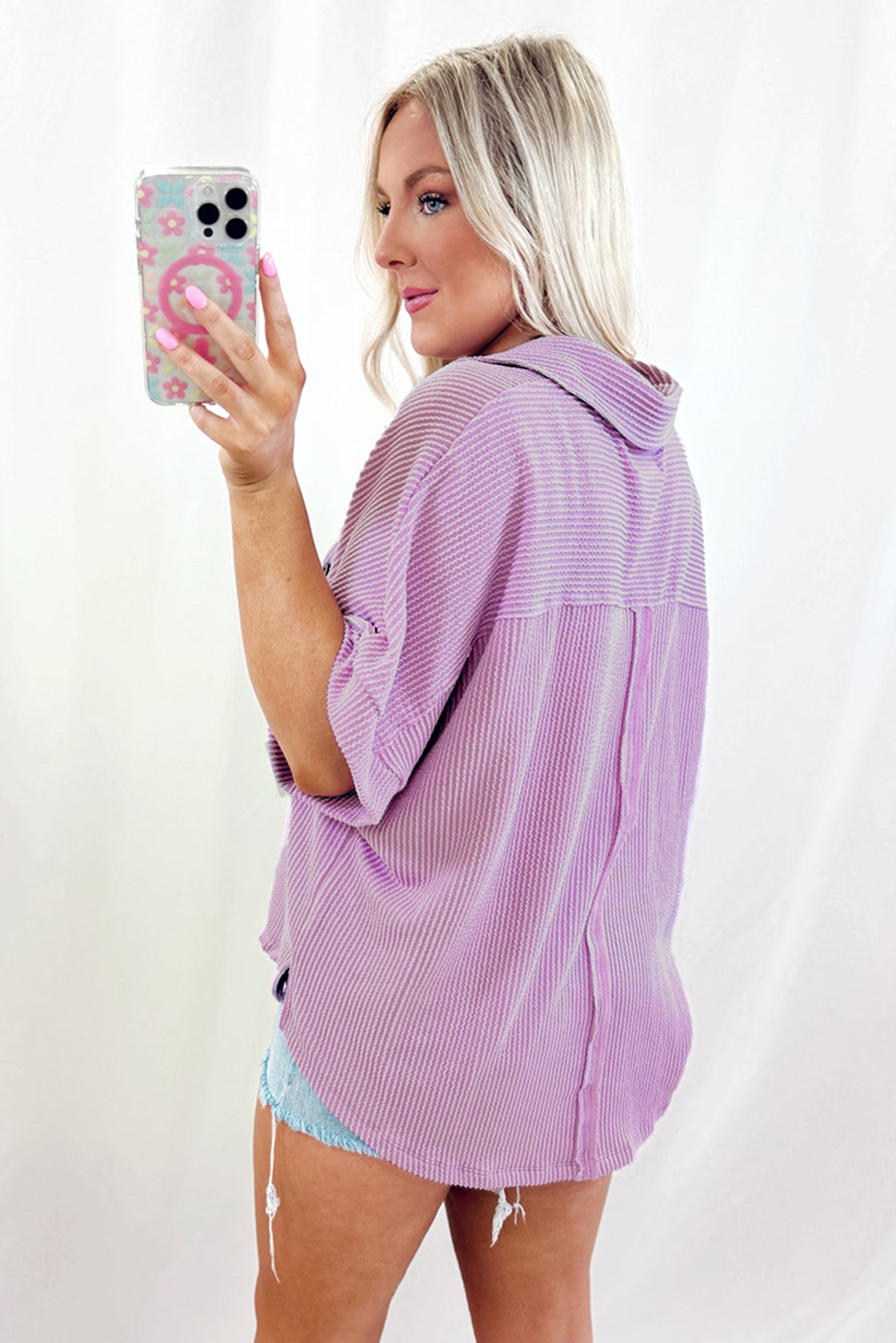 Stylish Casual Buttoned Blouse - Orchid Bouquet Color with Collared Neckline - Detail View 2 Stylish Casual Buttoned Blouse - Orchid Bouquet Color with Collared Neckline - Detail View 2
