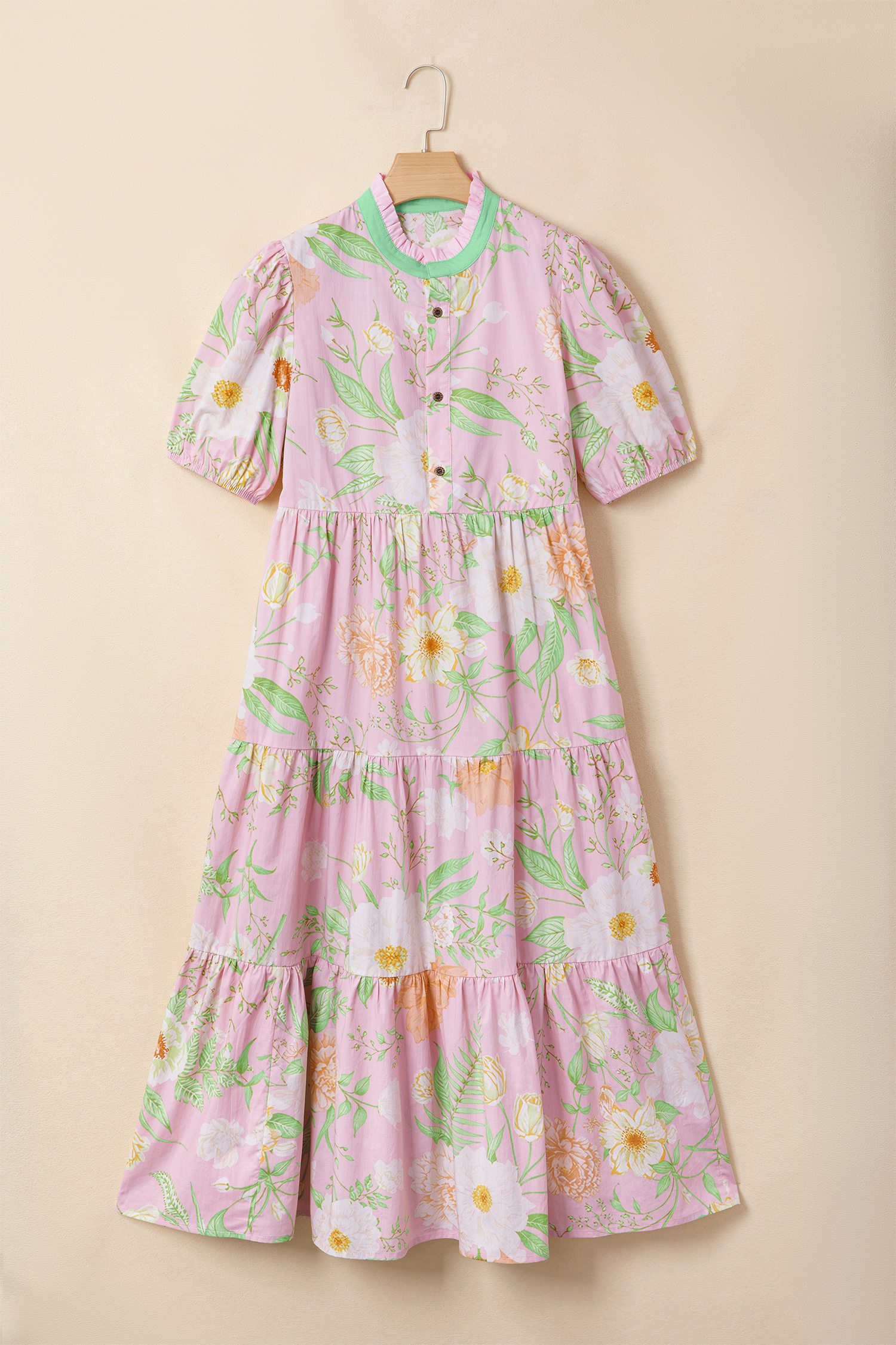 Chic Women's Pink Floral Long Dress – Short Sleeve High Waist A-Line Dress for Vacation - Detail View 6 Chic Women's Pink Floral Long Dress – Short Sleeve High Waist A-Line Dress for Vacation - Detail View 6