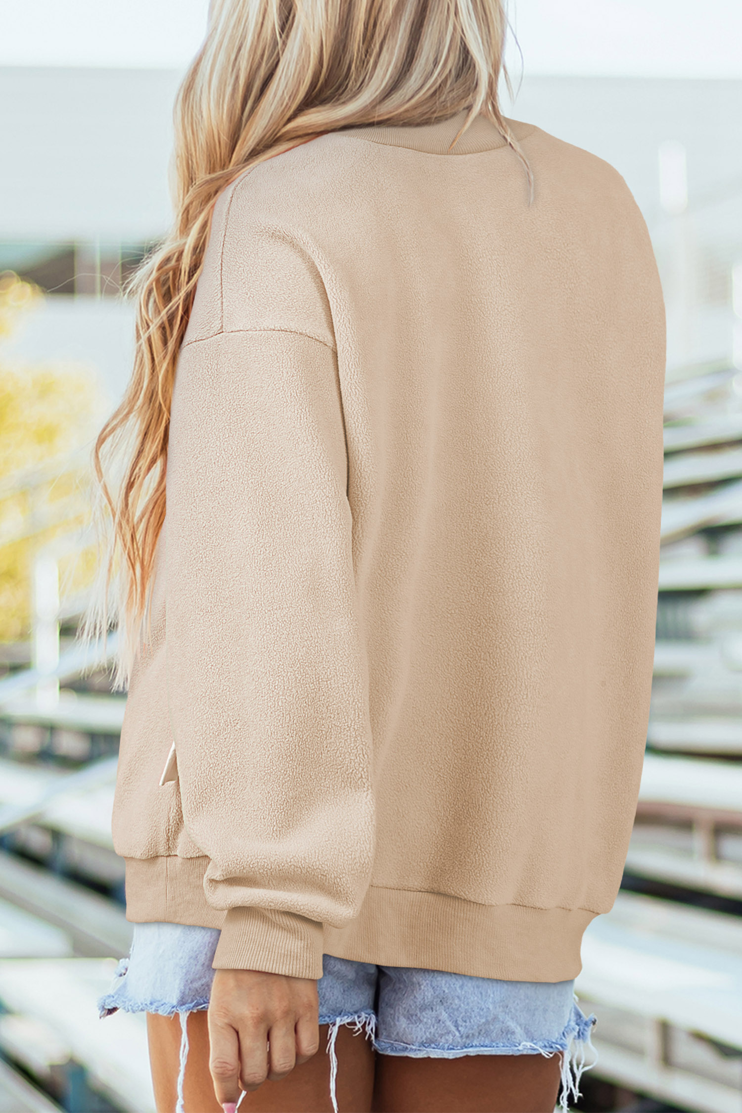 Casual Fall Letter Print Sweatshirt, Apricot Mock Neck Top - Detail View 2 Casual Fall Letter Print Sweatshirt, Apricot Mock Neck Top - Detail View 2