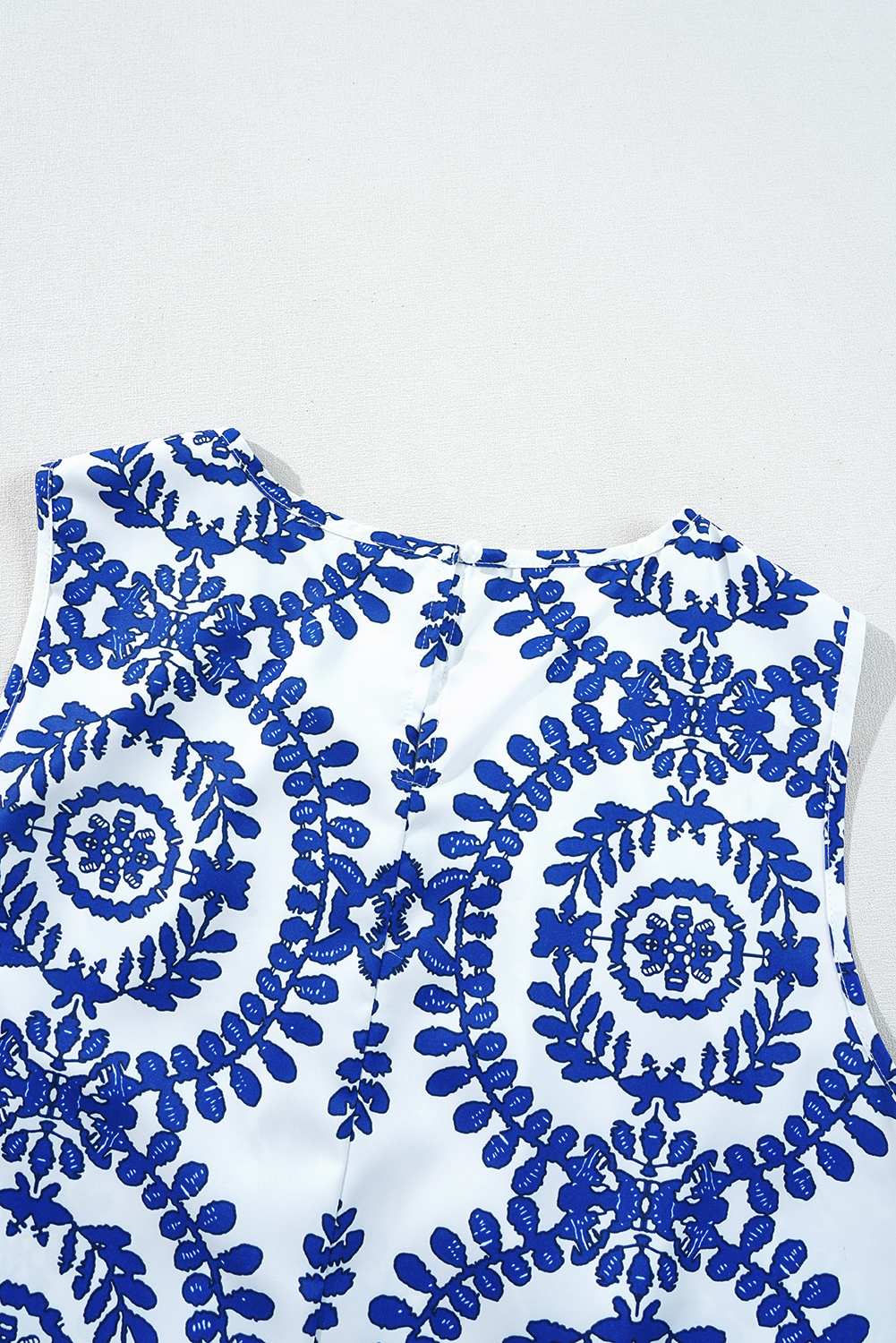 Women's Tank Top, Blue Vintage Print, Pintuck Detailing, Crew Neck, Bohemian Style, Sleeveless, Geometric Pattern, Casual Wear, Daily Wear, Vacation Top, Elegant Design, Unique Texture, Stylish Accessories, Tops & Tees - Detail View 12 Women's Tank Top, Blue Vintage Print, Pintuck Detailing, Crew Neck, Bohemian Style, Sleeveless, Geometric Pattern, Casual Wear, Daily Wear, Vacation Top, Elegant Design, Unique Texture, Stylish Accessories, Tops & Tees - Detail View 12