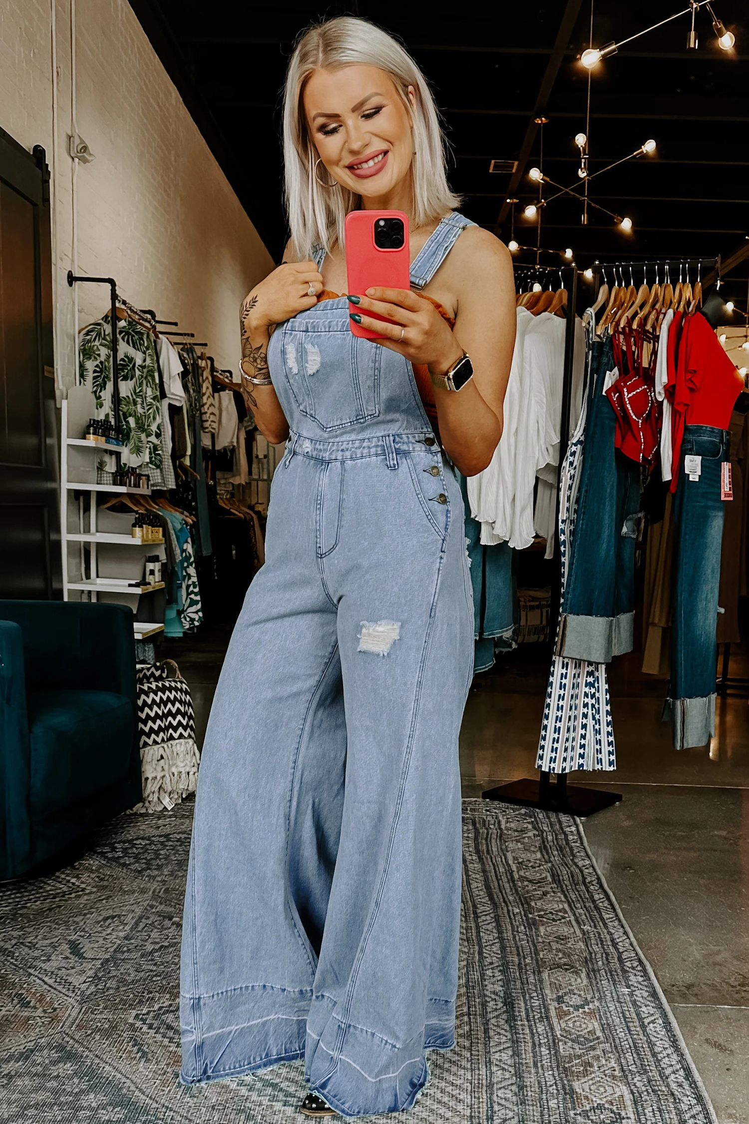 Casual Distressed Denim Overalls for Women – High Waist Wide Leg Jumpsuit with Raw Hem Details - Detail View 5 Casual Distressed Denim Overalls for Women – High Waist Wide Leg Jumpsuit with Raw Hem Details - Detail View 5