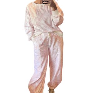 Women's Pink Abstract Lounge Set, Long Sleeve Jogger Outfit - Main View