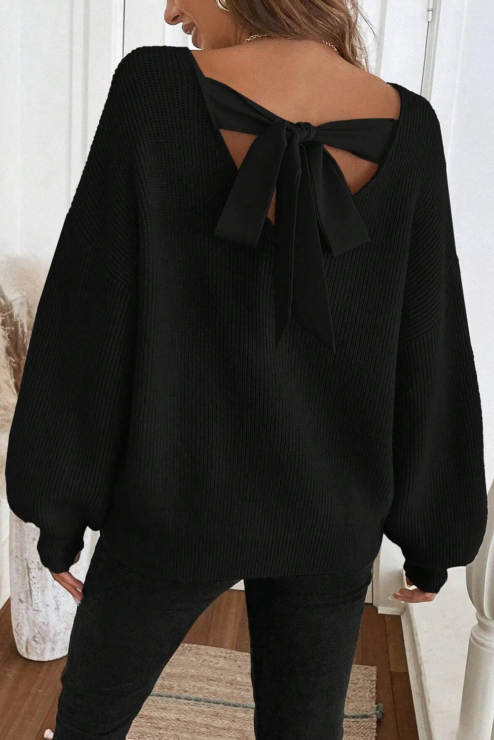 Chic Black Ribbed Knit Sweater for Women – Backless Drop Shoulder with Knot Detail for Daily Wear - Detail View 2 Chic Black Ribbed Knit Sweater for Women – Backless Drop Shoulder with Knot Detail for Daily Wear - Detail View 2