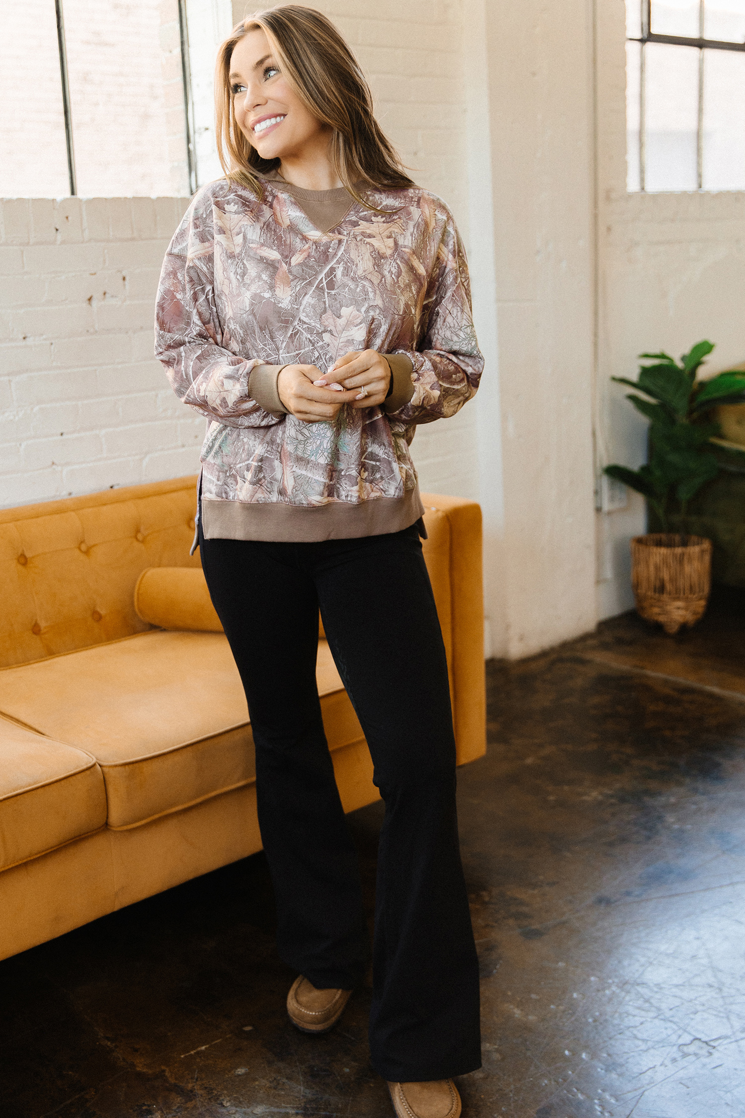 Casual Brown Camo Sweatshirt – Women's Long Sleeve Pullover - Detail View 5 Casual Brown Camo Sweatshirt – Women's Long Sleeve Pullover - Detail View 5